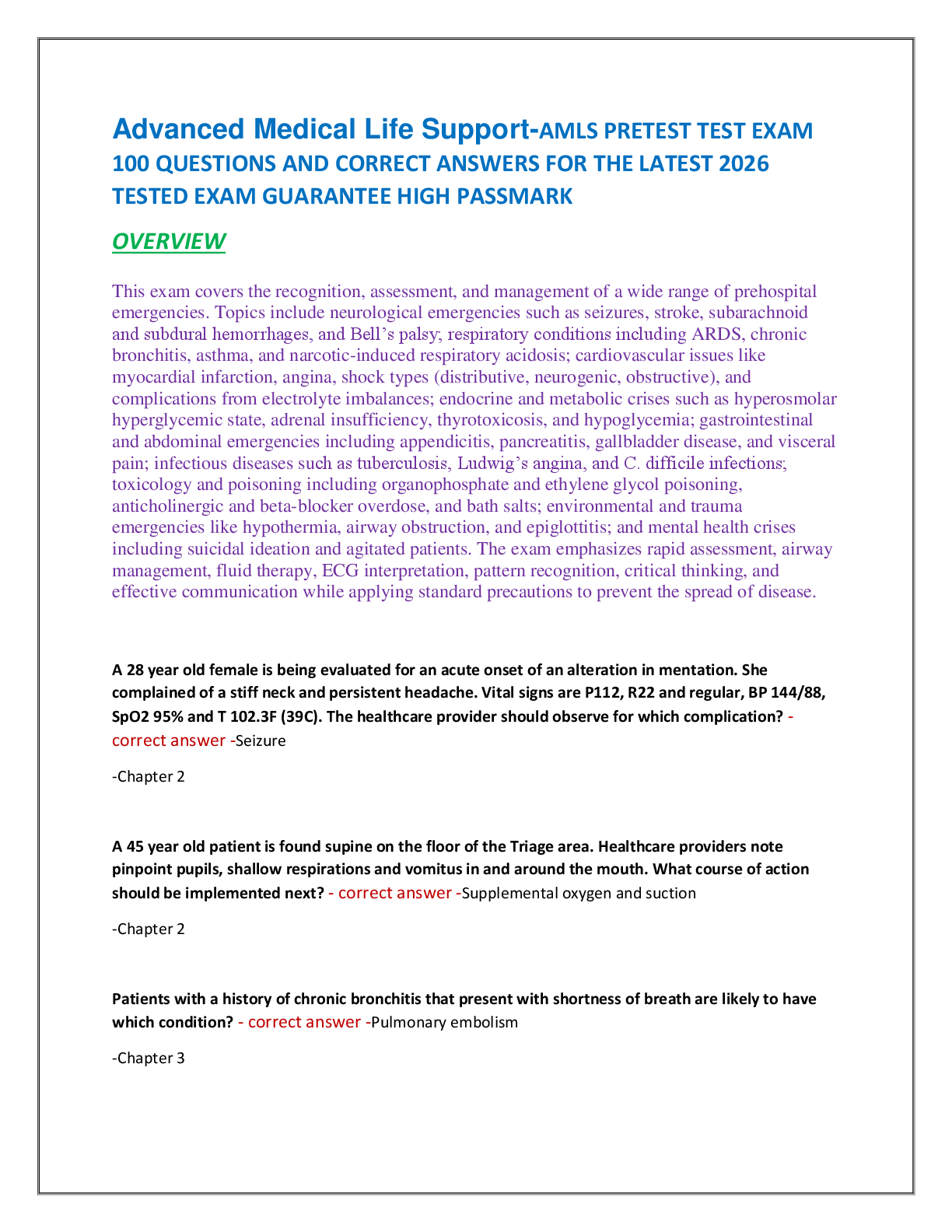 Recommended document preview for Advanced Medical Life Support-AMLS PRETEST TEST EXAM  100 QUESTIONS AND CORRECT ANSWERS FOR THE LATEST 2026  TESTED EXAM GUARANTEE HIGH PASSMARK