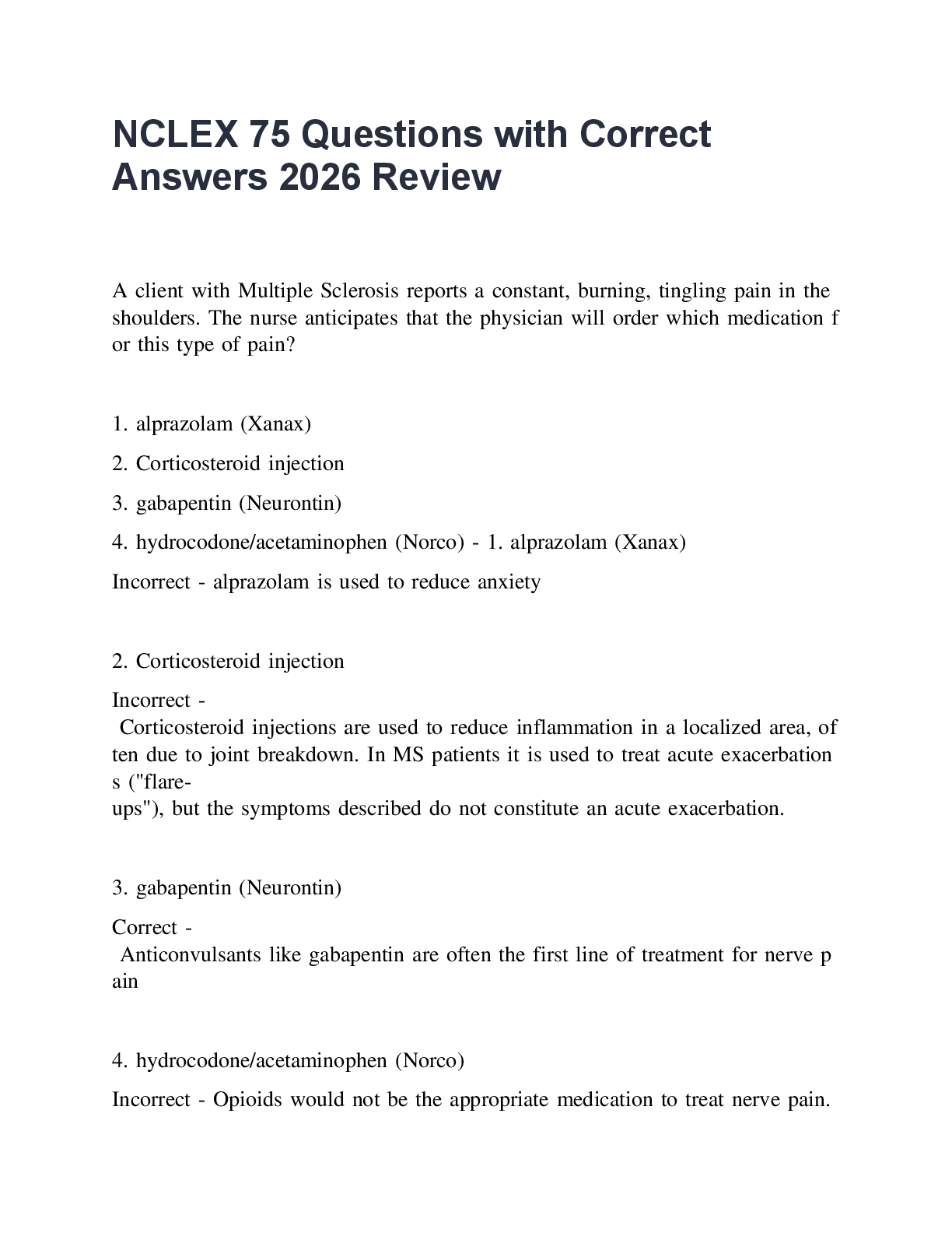 Recommended document preview for NCLEX 75 Questions with Correct Answers 2026 Review