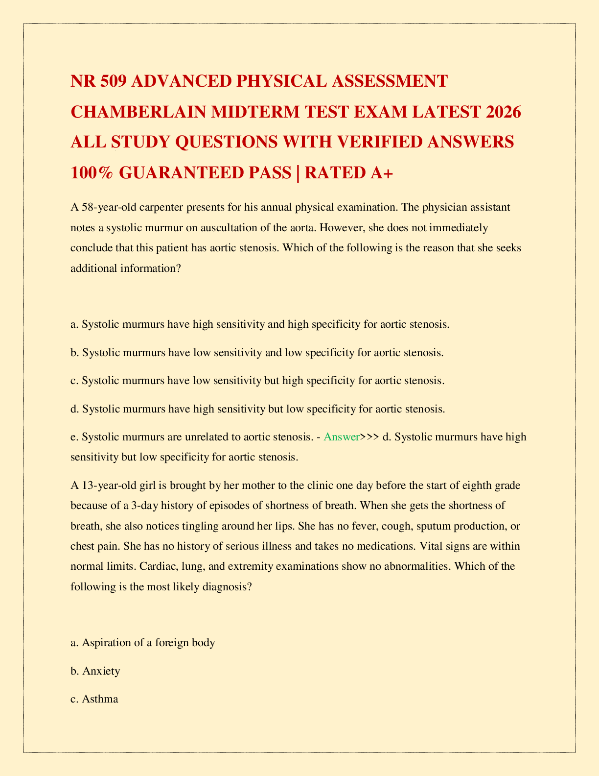 Recommended document preview for NR 509 ADVANCED PHYSICAL ASSESSMENT CHAMBERLAIN MIDTERM TEST EXAM LATEST 2026 ALL STUDY QUESTIONS WITH VERIFIED ANSWERS 100% GUARANTEED PASS | RATED A+