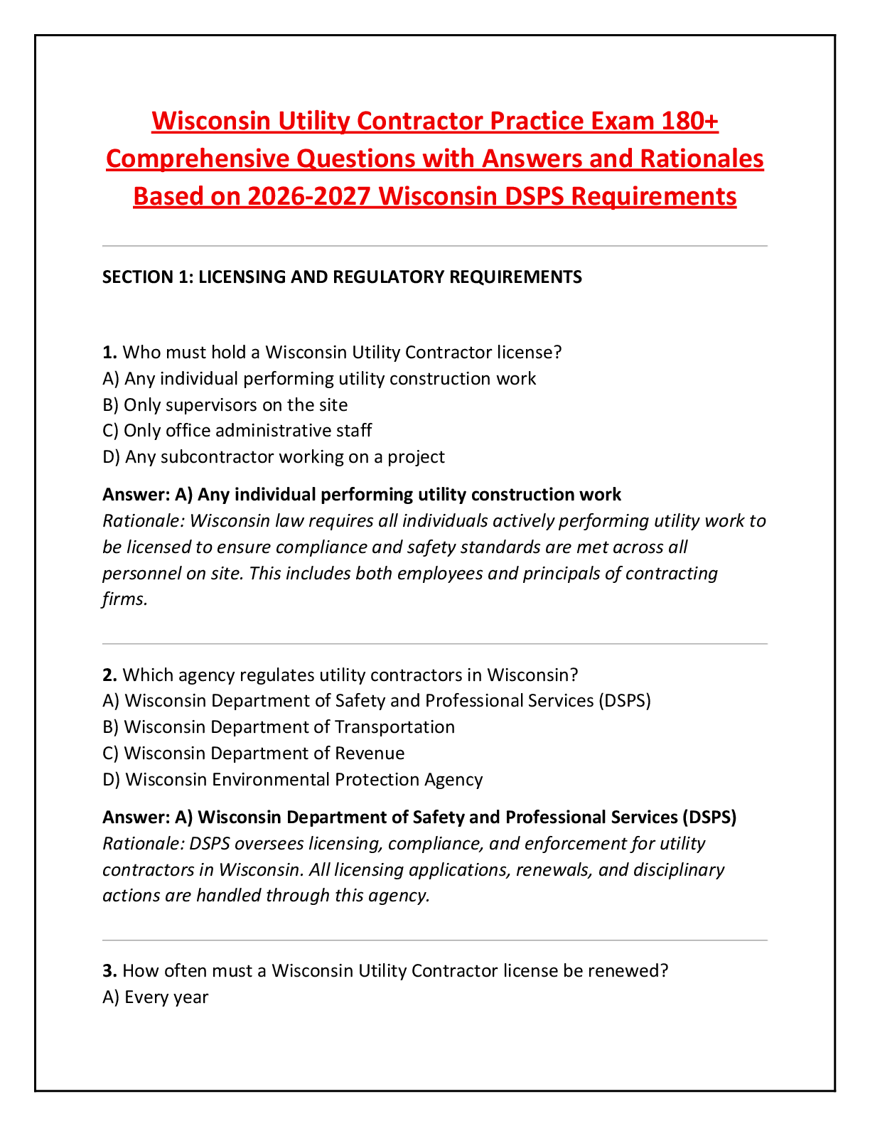 Recommended document preview for Wisconsin Utility Contractor Practice Exam 180+  Comprehensive Questions with Answers and Rationales  Based on 2026-2027 Wisconsin DSPS Requirements