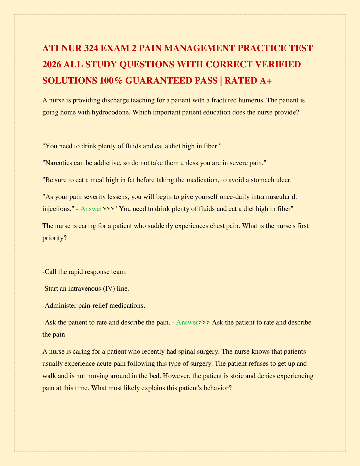 Preview of ATI NUR 324 EXAM 2 PAIN MANAGEMENT PRACTICE TEST 2026 ALL STUDY QUESTIONS WITH CORRECT VER