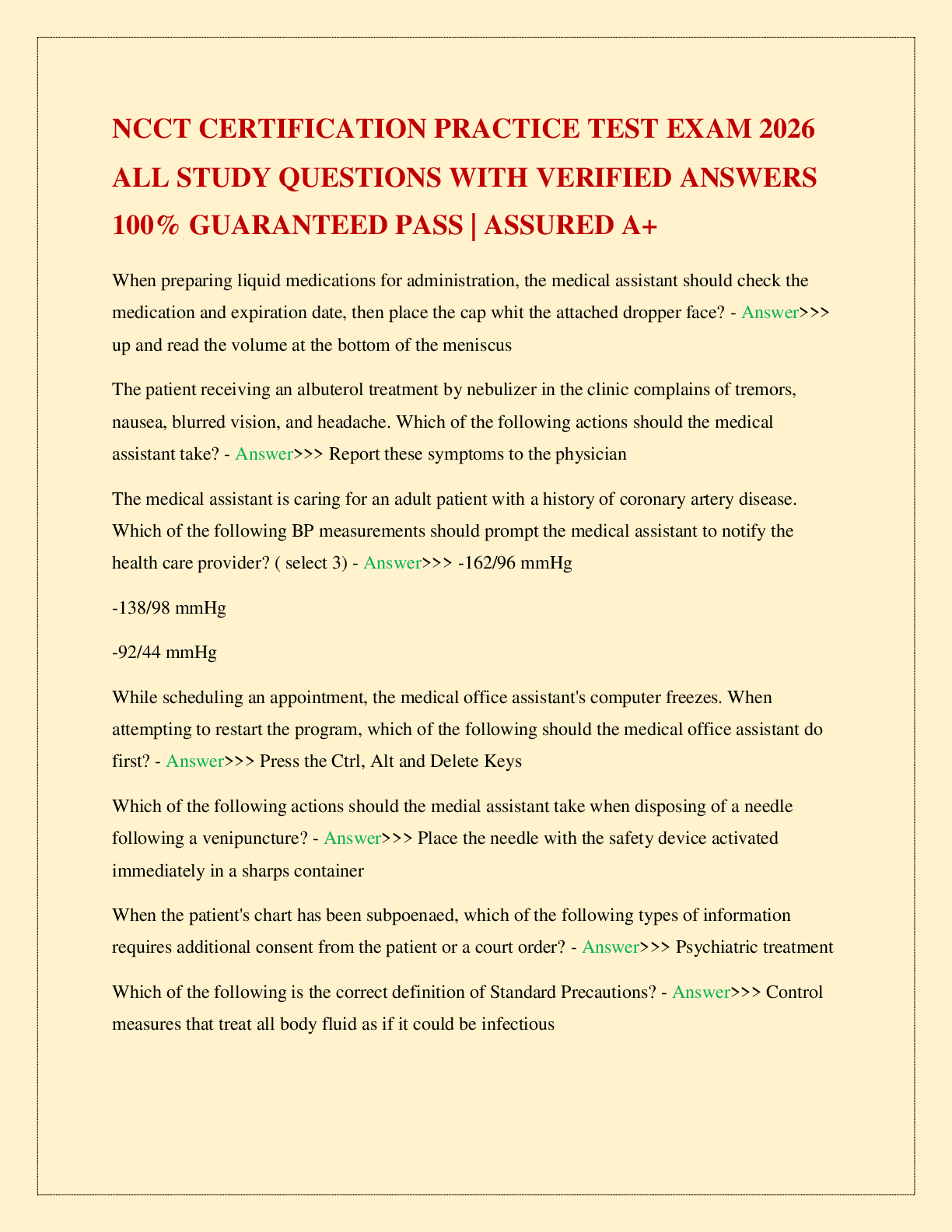 Recommended document preview for NCCT CERTIFICATION PRACTICE TEST EXAM 2026 ALL STUDY QUESTIONS WITH VERIFIED ANSWERS 100% GUARANTEED PASS | ASSURED A+