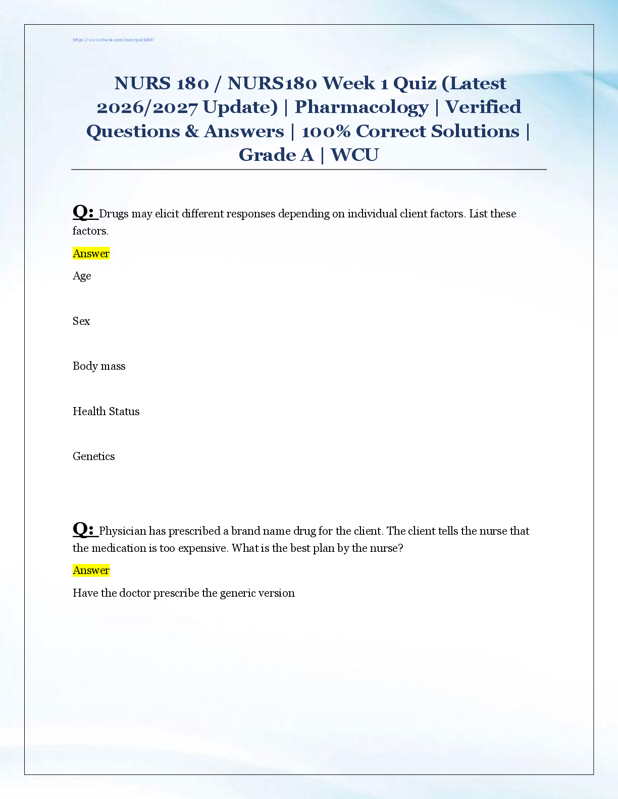 Preview image for NURS 180 / NURS180 Week 1 Quiz (Latest  2026/2027 Update) | Pharmacology | Verified  Questions & Answers | 100% Correct Solutions |  Grade A | WCU