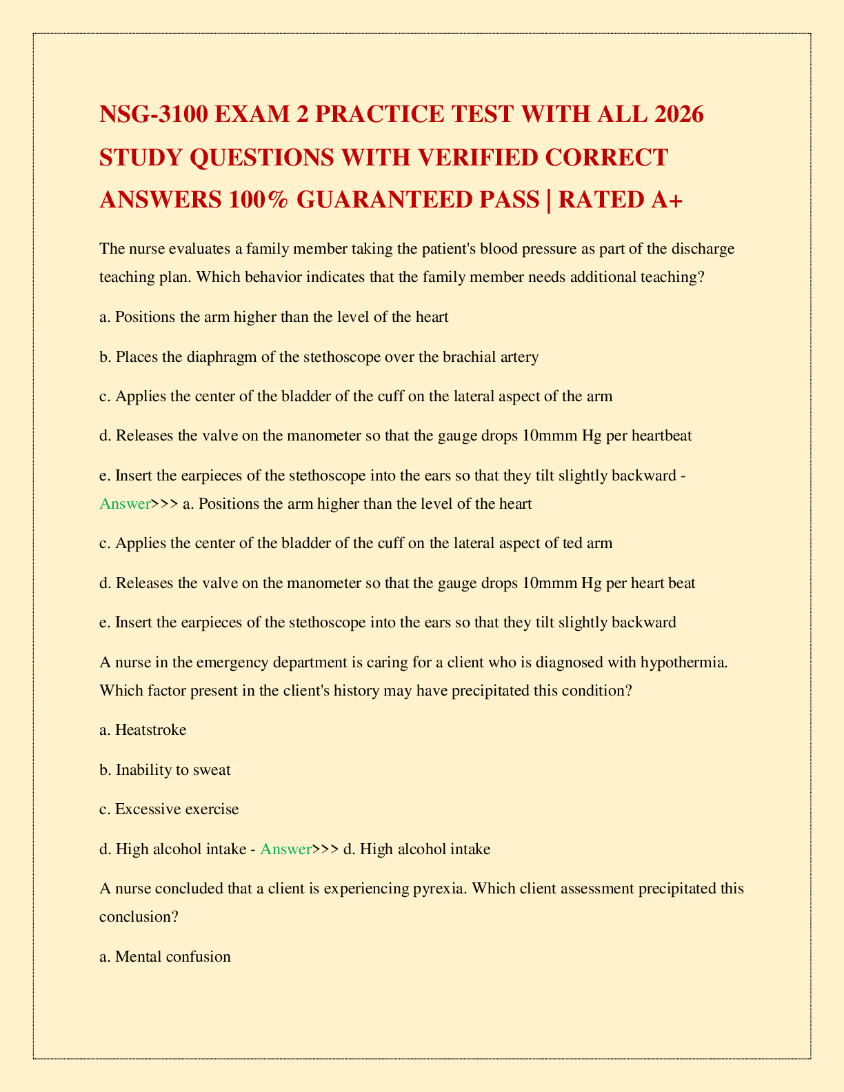 Recommended document preview for NSG-3100 EXAM 2 PRACTICE TEST WITH ALL 2026 STUDY QUESTIONS WITH VERIFIED CORRECT ANSWERS 100% GUARANTEED PASS | RATED A+