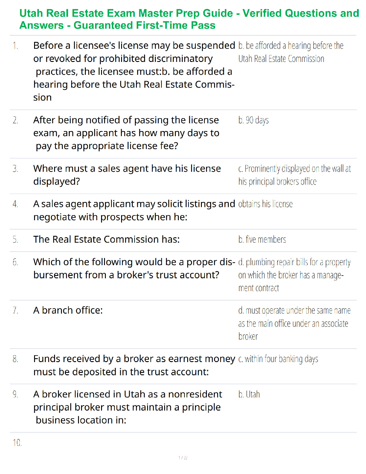 Preview of Utah Real Estate Exam Master Prep Guide - Verified Questions and Answers - Guaranteed Firs