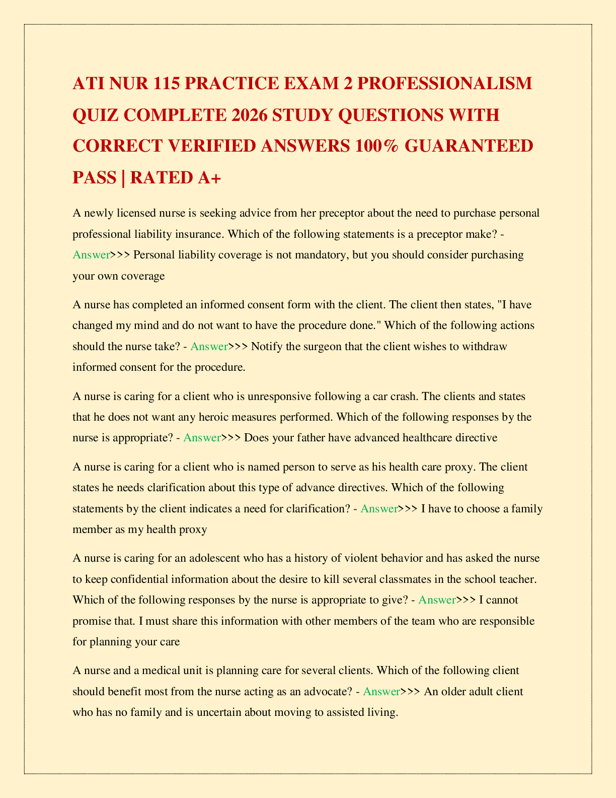 Recommended document preview for ATI NUR 115 PRACTICE EXAM 2 PROFESSIONALISM QUIZ COMPLETE 2026 STUDY QUESTIONS WITH CORRECT VERIFIED ANSWERS 100% GUARANTEED PASS | RATED A+
