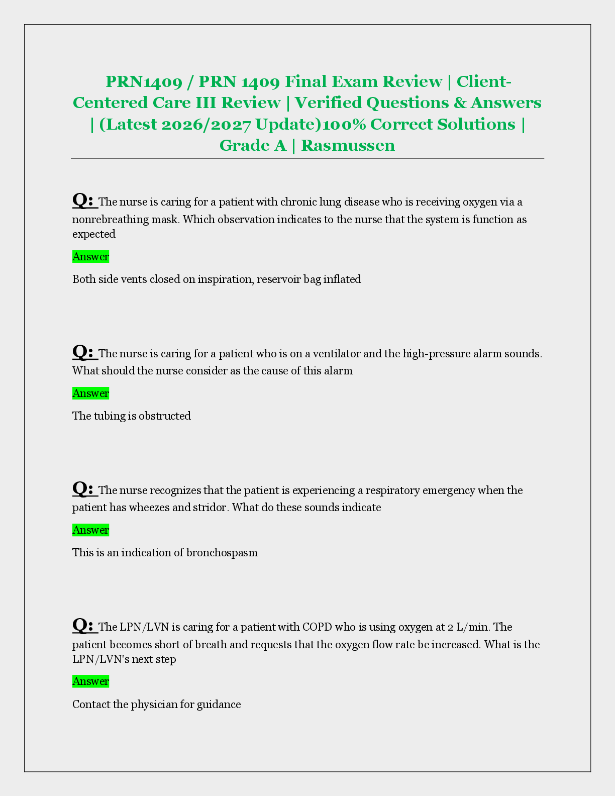 Preview of PRN1409 / PRN 1409 Final Exam Review | Client Centered Care III Review | Verified Questions & Answers  | (Latest 2026/2027 Update)100% Correct Solutions |  Grade A | Rasmussen