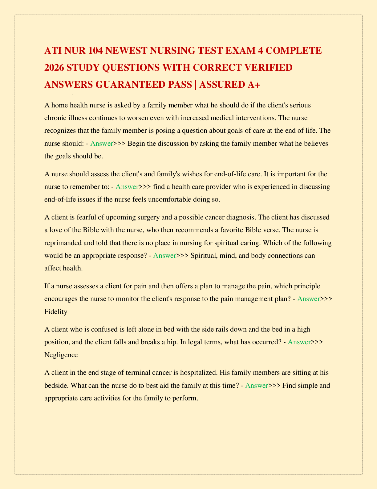 Recommended document preview for ATI NUR 104 NEWEST NURSING TEST EXAM 4 COMPLETE 2026 STUDY QUESTIONS WITH CORRECT VERIFIED ANSWERS GUARANTEED PASS | ASSURED A+
