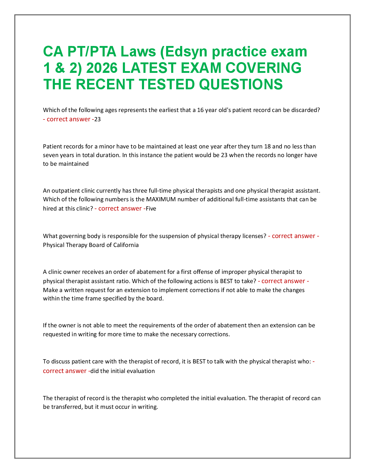 Recommended document preview for CA PT/PTA Laws (Edsyn practice exam  1 & 2) 2026 LATEST EXAM COVERING  THE RECENT TESTED QUESTIONS
