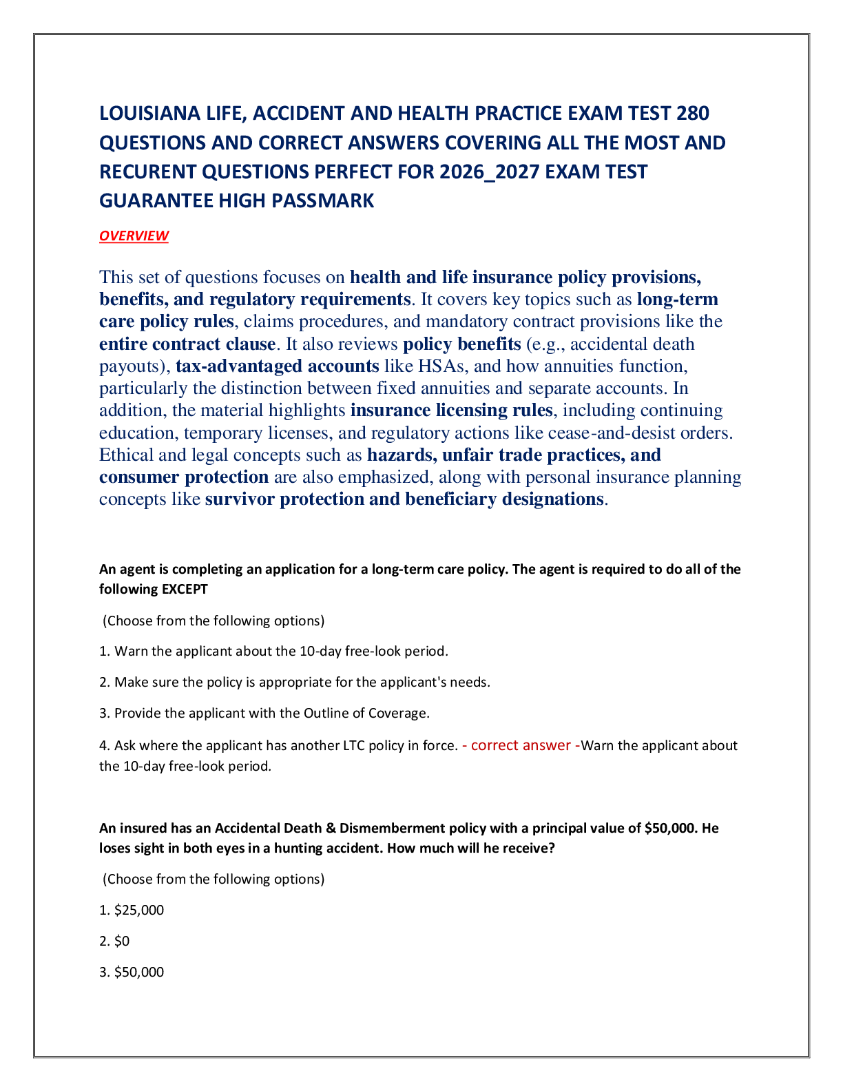 Recommended document preview for LOUISIANA LIFE, ACCIDENT AND HEALTH PRACTICE EXAM TEST 280  QUESTIONS AND CORRECT ANSWERS COVERING ALL THE MOST AND  RECURENT QUESTIONS PERFECT FOR 2026_2027 EXAM TEST  GUARANTEE HIGH PASSMARK