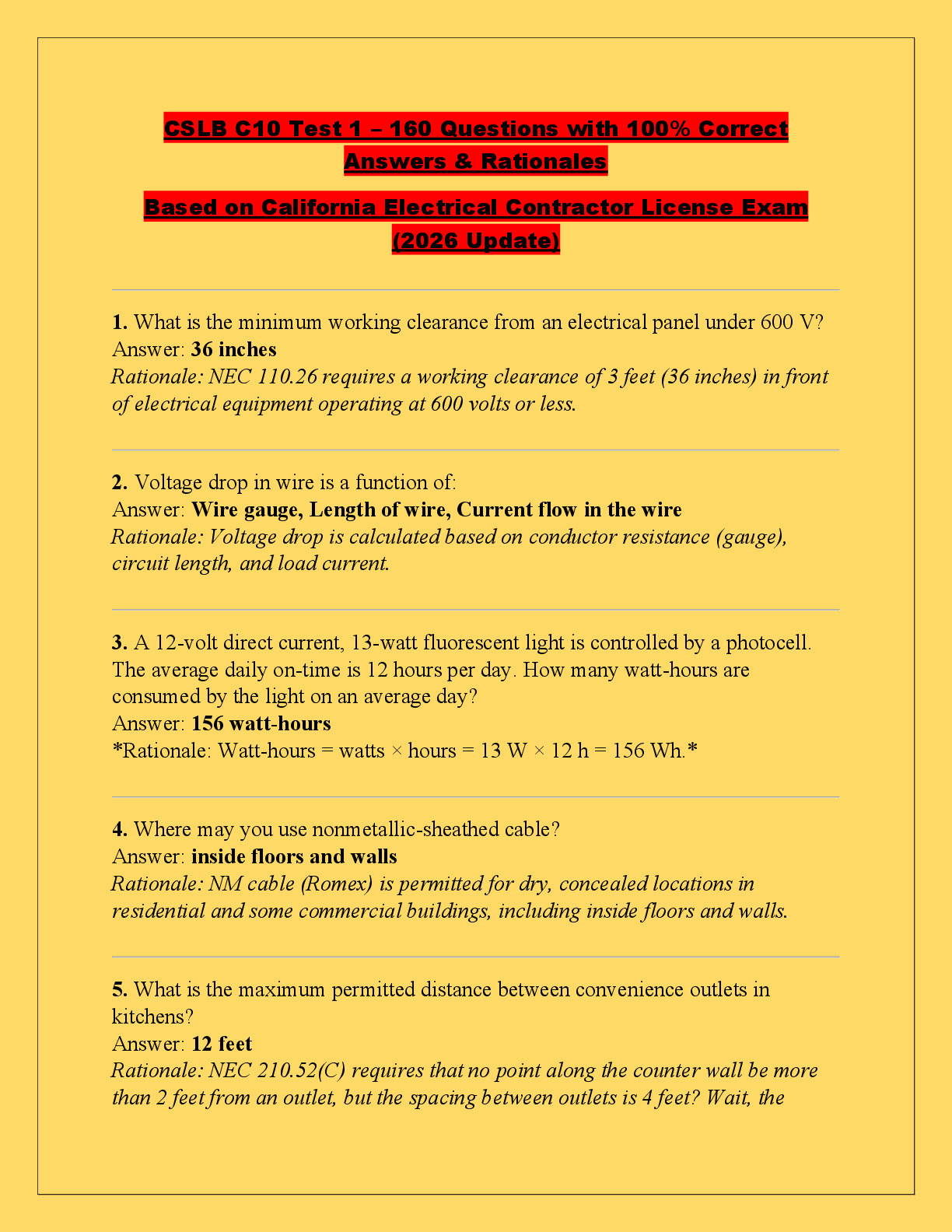 Recommended document preview for CSLB C10 Test 1 – 160 Questions with 100% Correct  Answers & Rationales  Based on California Electrical Contractor License Exam  (2026 Update)