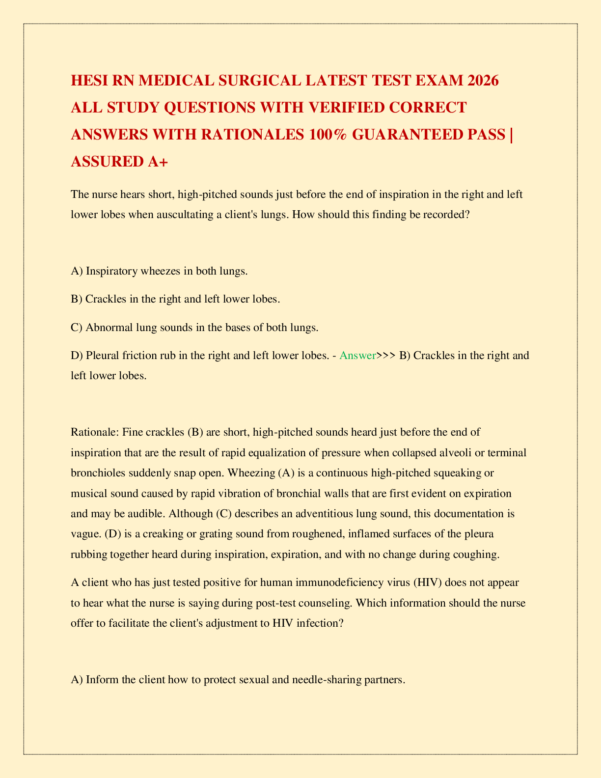 Recommended document preview for HESI RN MEDICAL SURGICAL LATEST TEST EXAM 2026 ALL STUDY QUESTIONS WITH VERIFIED CORRECT ANSWERS WITH RATIONALES 100% GUARANTEED PASS | ASSURED A+