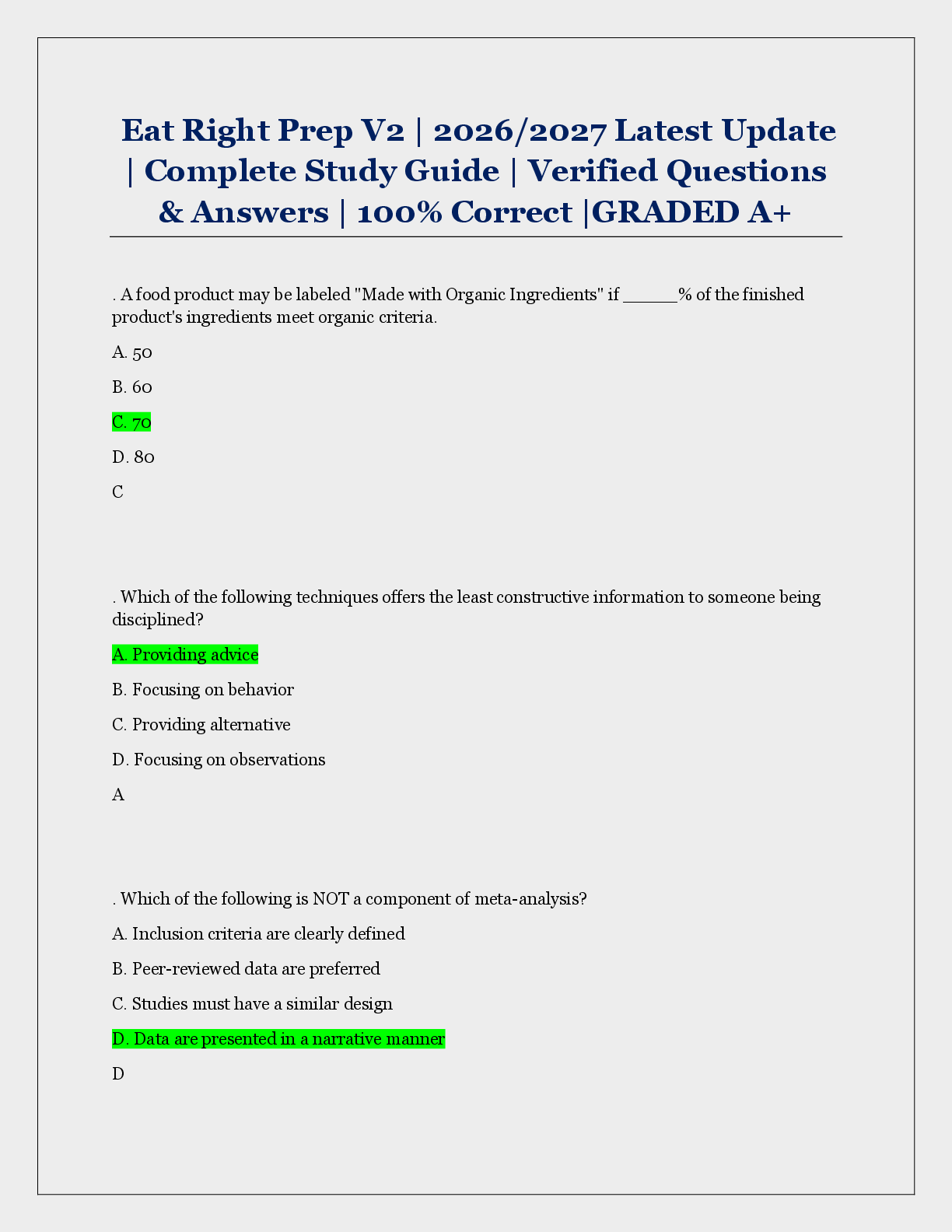 Preview of Eat Right Prep V2 | 2026/2027 Latest Update  | Complete Study Guide | Verified Questions  & Answers | 100% Correct |GRADED A+