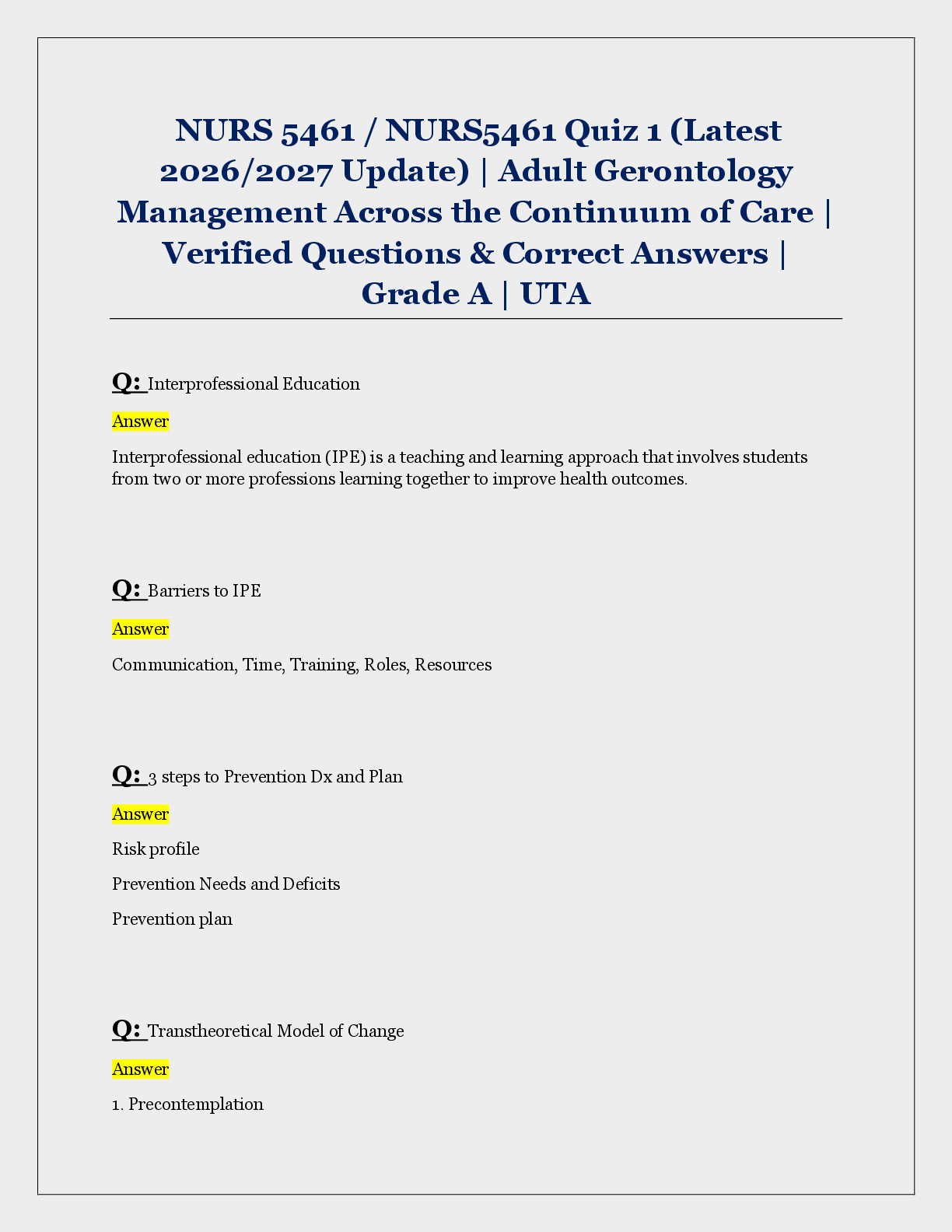 Preview image for NURS 5461 / NURS5461 Quiz 1 (Latest  2026/2027 Update) | Adult Gerontology  Management Across the Continuum of Care |  Verified Questions & Correct Answers |  Grade A | UTA