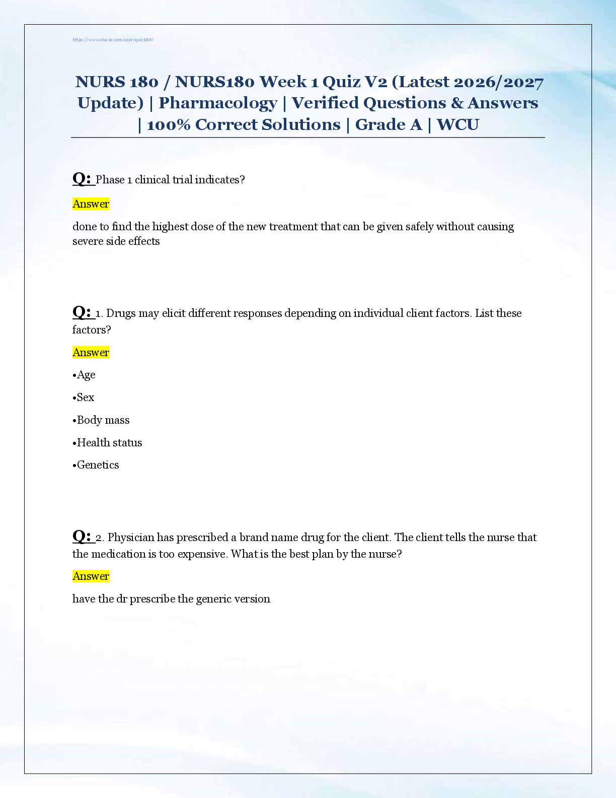 Preview image for NURS 180 / NURS180 Week 1 Quiz V2 (Latest 2026/2027  Update) | Pharmacology | Verified Questions & Answers  | 100% Correct Solutions | Grade A | WCU