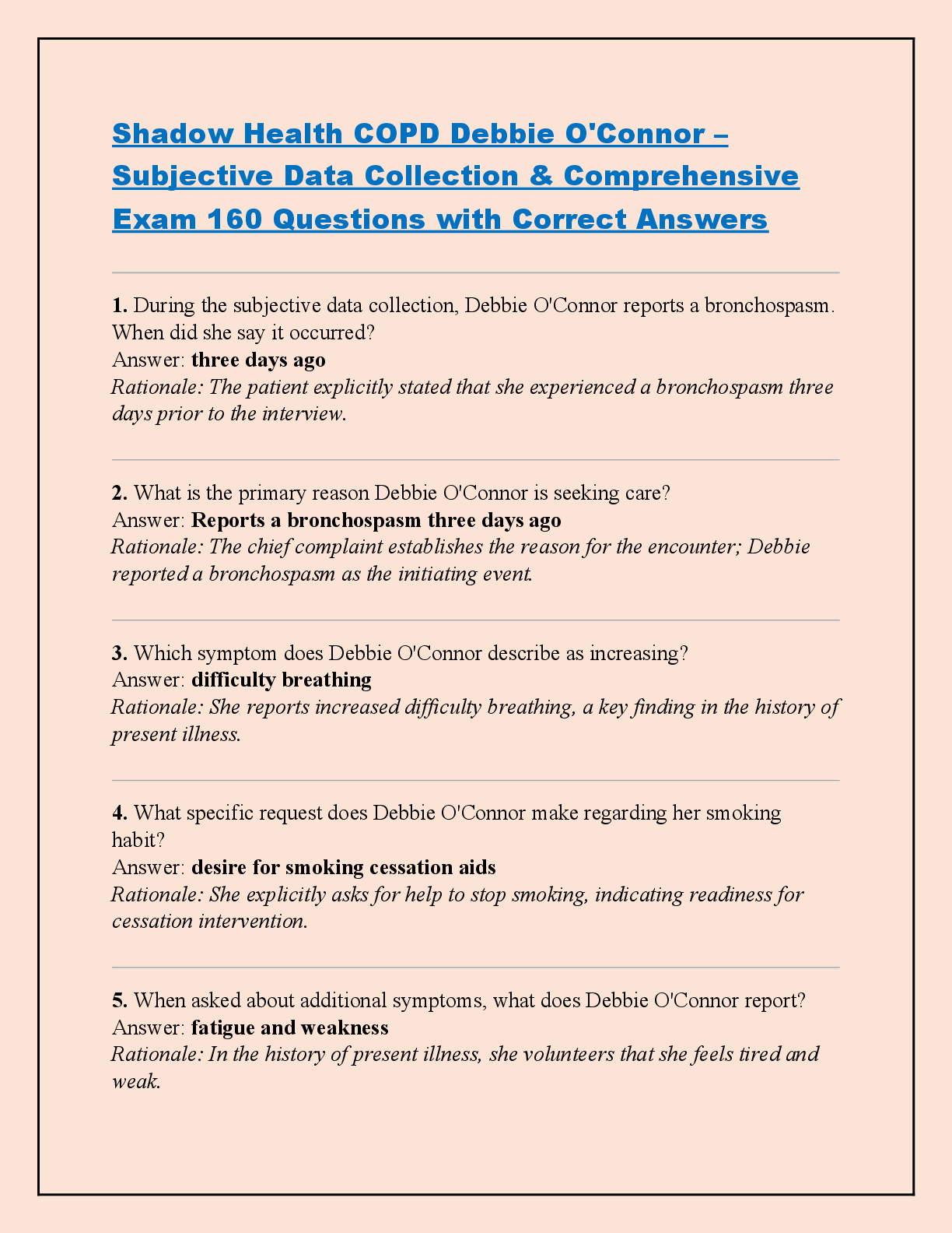 Recommended document preview for Shadow Health COPD Debbie O'Connor –  Subjective Data Collection & Comprehensive  Exam 160 Questions with Correct Answers