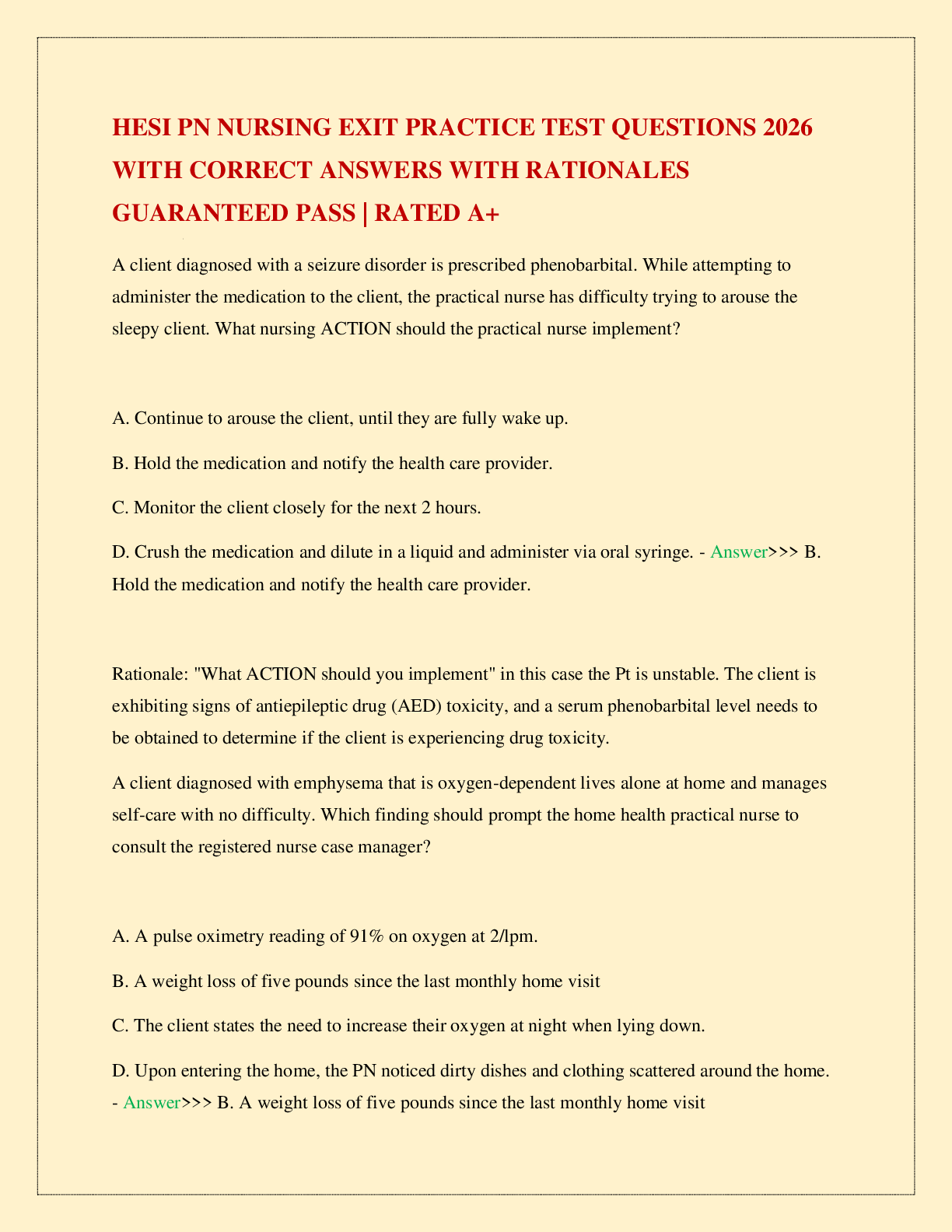 Recommended document preview for HESI PN NURSING EXIT PRACTICE TEST QUESTIONS 2026 WITH CORRECT ANSWERS WITH RATIONALES GUARANTEED PASS | RATED A+