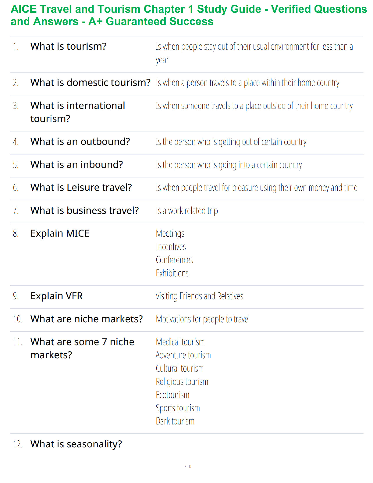 Recommended document preview for AICE Travel and Tourism Chapter 1 Study Guide - Verified Questions and Answers - A+ Guaranteed Success