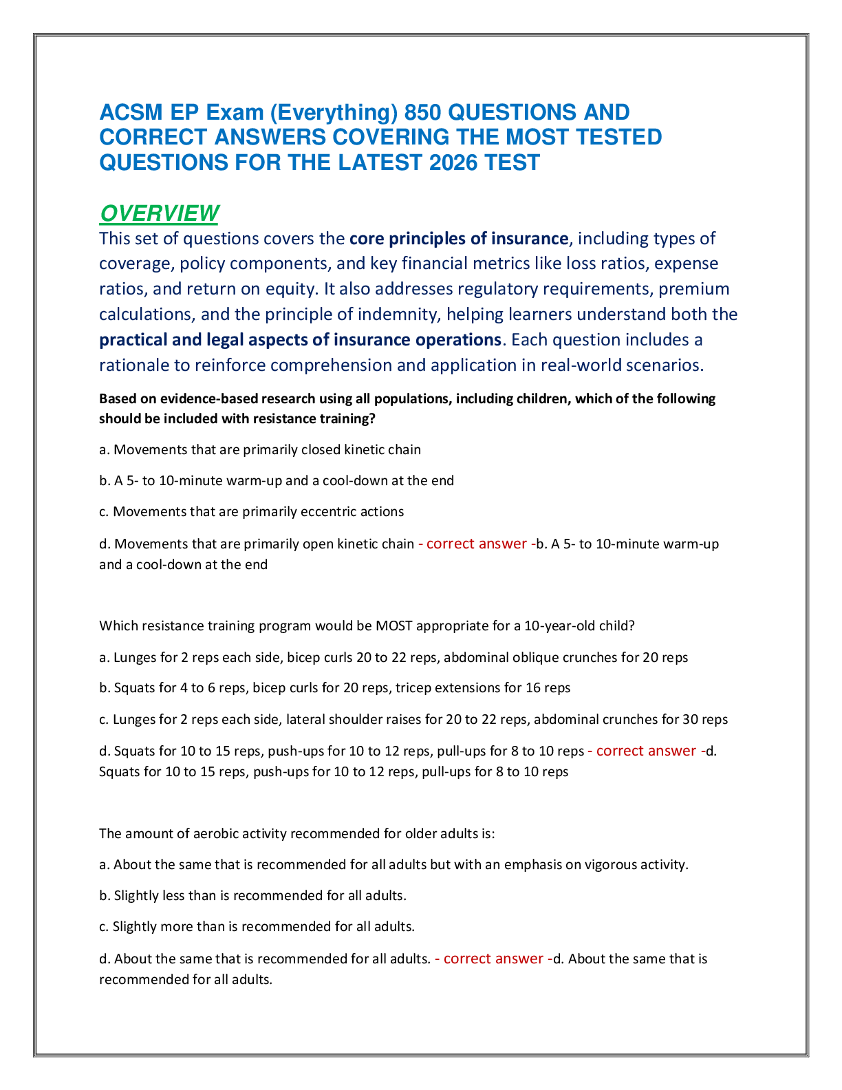 Recommended document preview for ACSM EP Exam (Everything) 850 QUESTIONS AND  CORRECT ANSWERS COVERING THE MOST TESTED  QUESTIONS FOR THE LATEST 2026 TEST