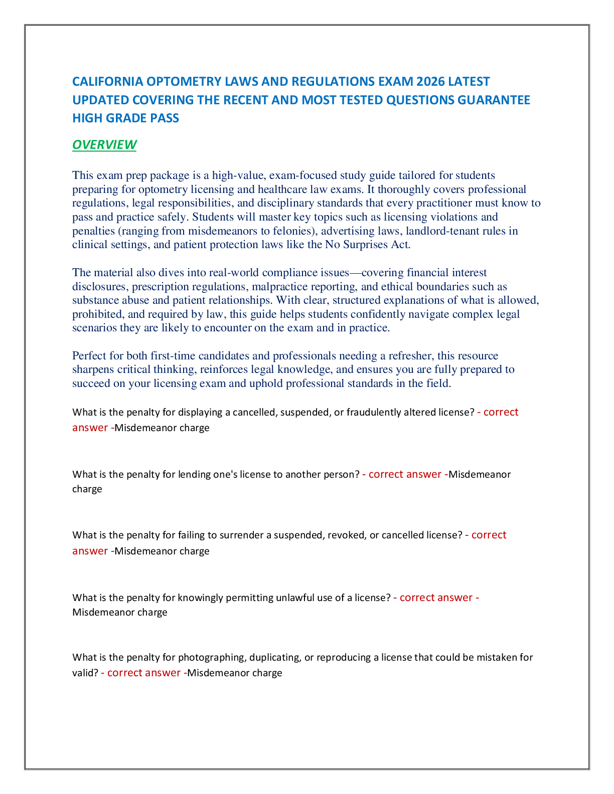 CALIFORNIA OPTOMETRY LAWS AND REGULATIONS EXAM 2026 LATEST  UPDATED COVERING THE RECENT AND MOST TESTED QUESTIONS GUARANTEE  HIGH GRADE PASS