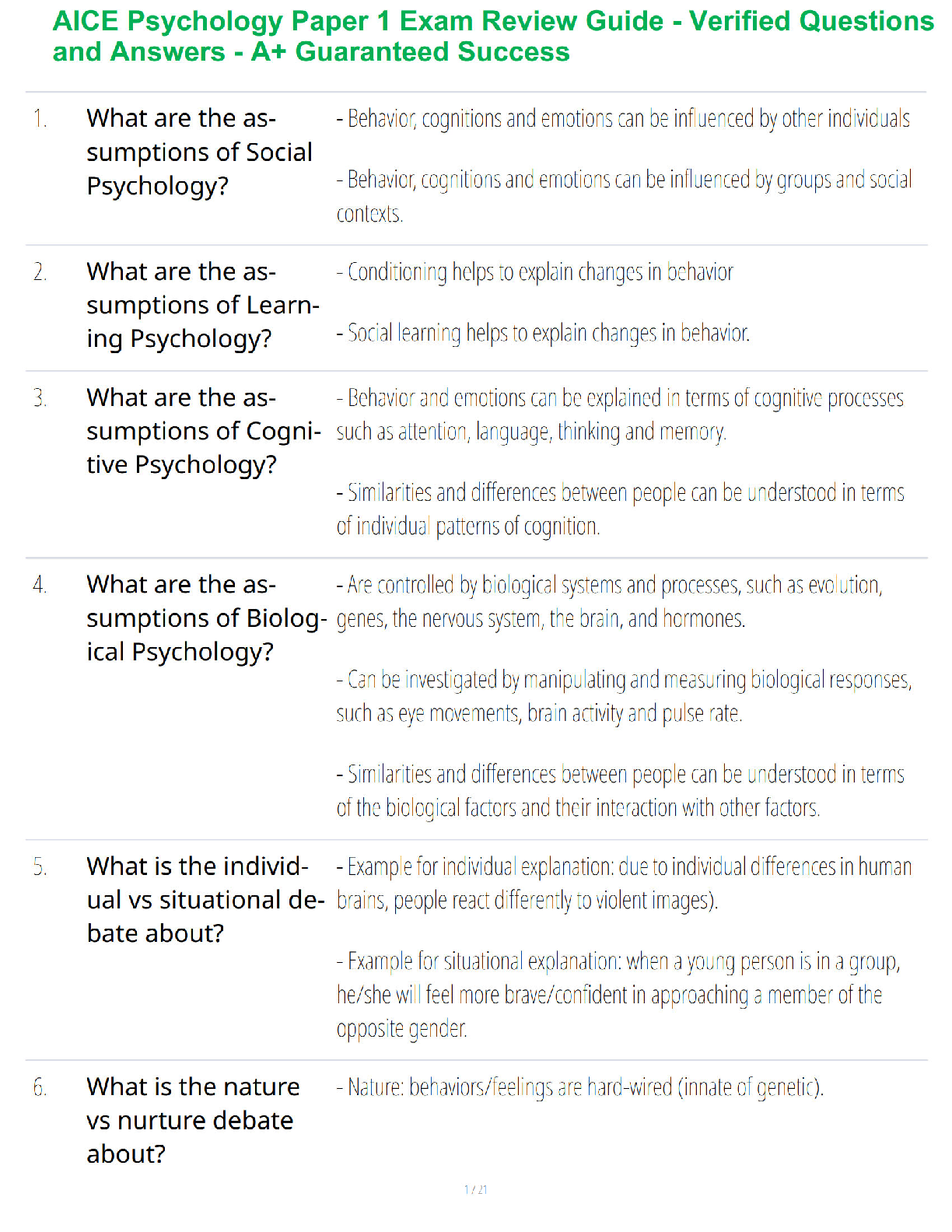 Recommended document preview for AICE Psychology Paper 1 Exam Review Guide - Verified Questions and Answers - A+ Guaranteed Success