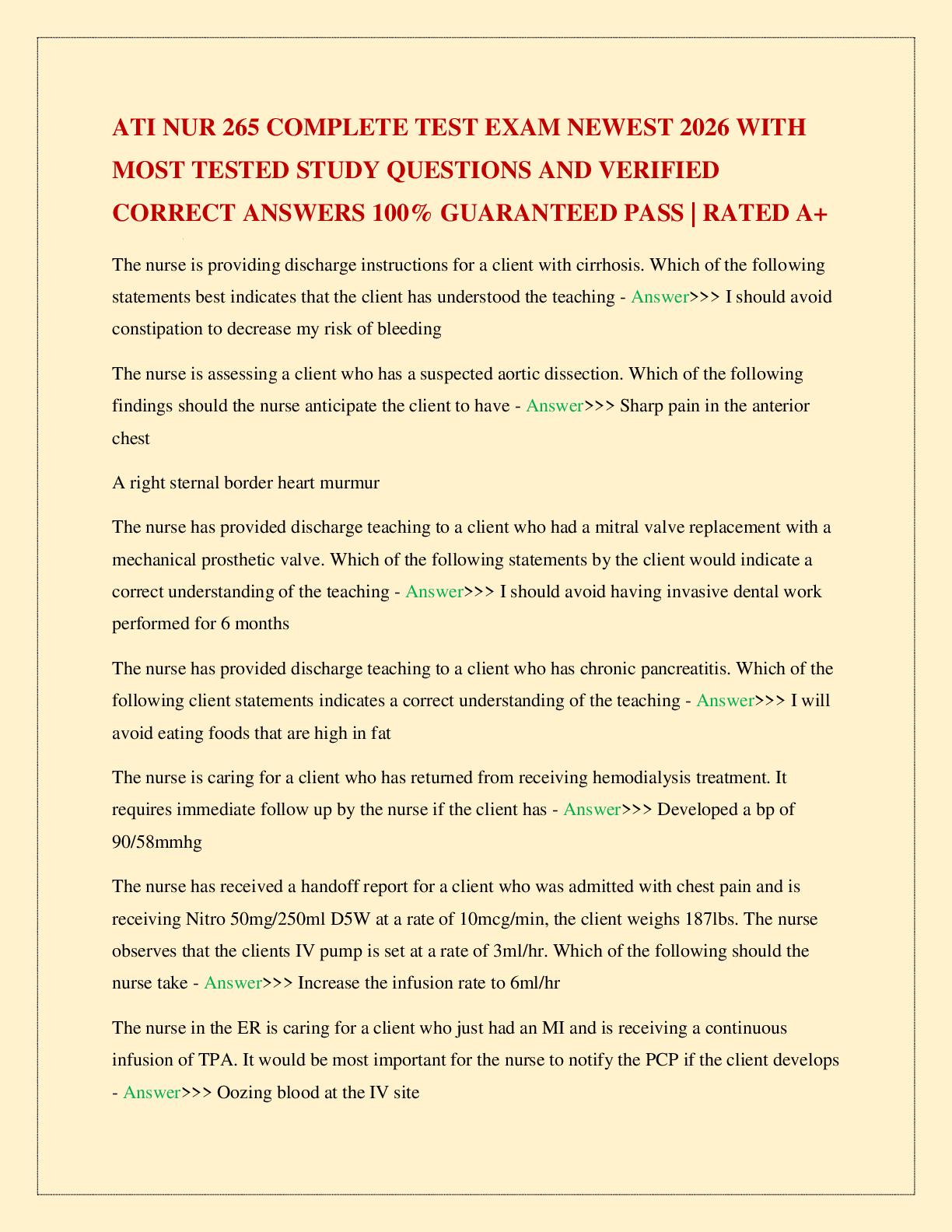 Recommended document preview for ATI NUR 265 COMPLETE TEST EXAM NEWEST 2026 WITH MOST TESTED STUDY QUESTIONS AND VERIFIED CORRECT ANSWERS 100% GUARANTEED PASS | RATED A+