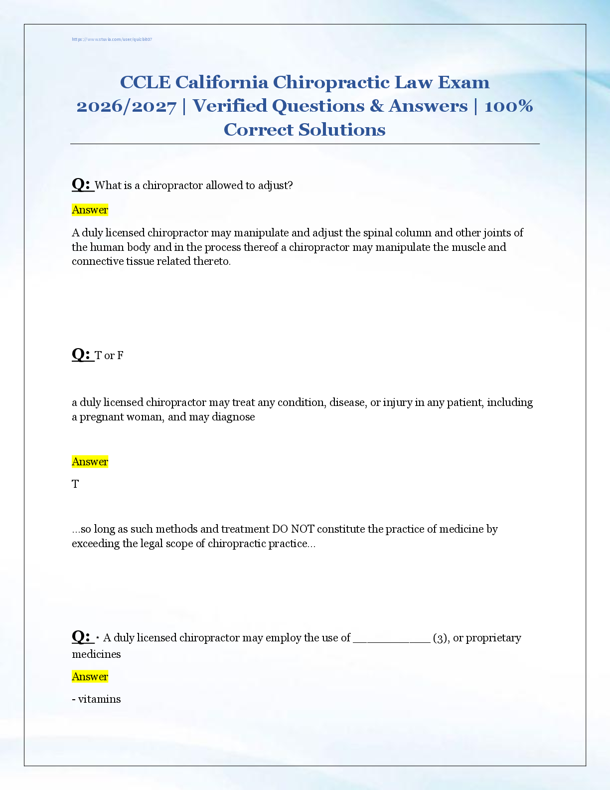 CCLE California Chiropractic Law Exam  2026/2027 | Verified Questions & Answers | 100%  Correct Solutions