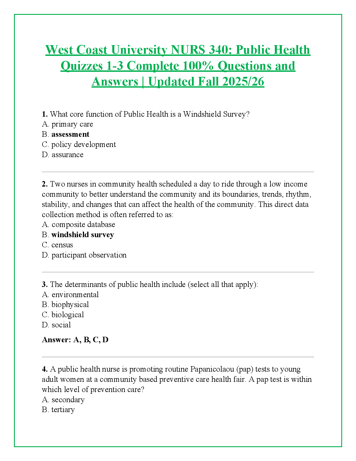 Recommended document preview for West Coast University NURS 340: Public Health  Quizzes 1-3 Complete 100% Questions and  Answers | Updated Fall 2025/26