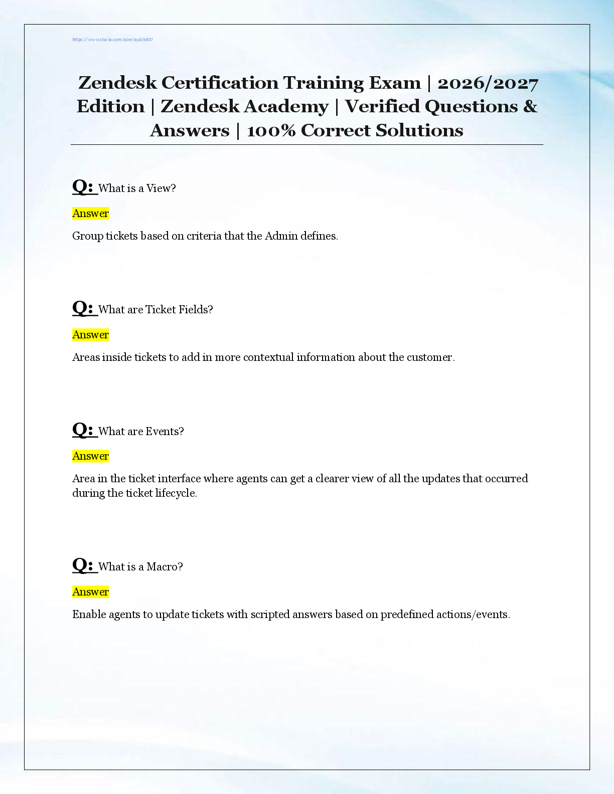 Recommended document preview for Zendesk Certification Training Exam | 2026/2027  Edition | Zendesk Academy | Verified Questions &  Answers | 100% Correct Solutions