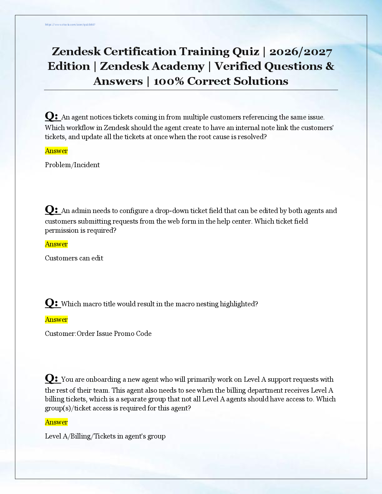 Recommended document preview for Zendesk Certification Training Quiz | 2026/2027  Edition | Zendesk Academy | Verified Questions &  Answers | 100% Correct Solutions