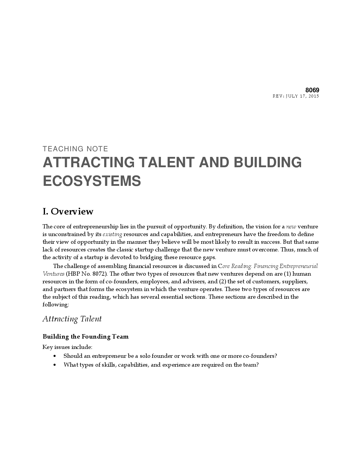 Recommended document preview for Harvard Case Solutions/Answers for Entrepreneurship Reading Attracting Talent and Building Ecosystems by Lynda M. Applegate, Carole Carlson