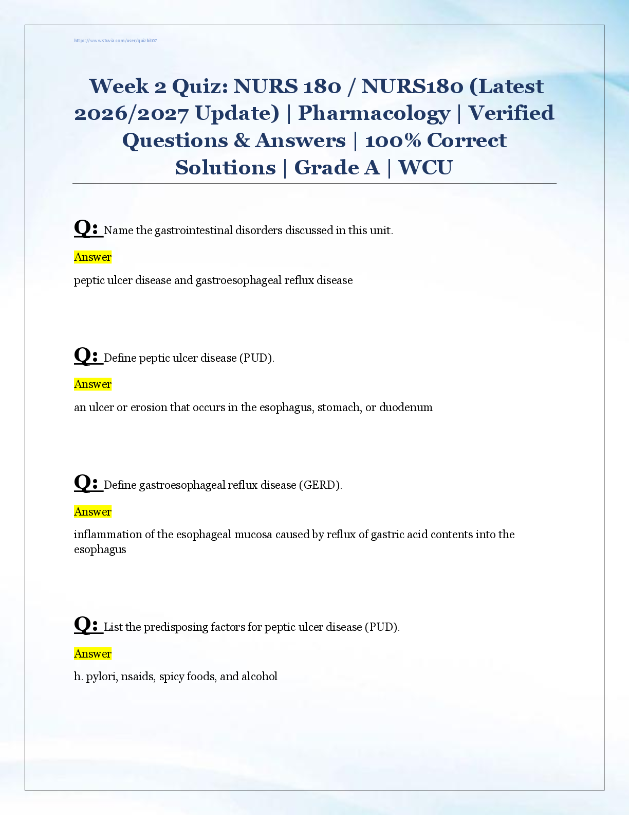 Preview image for Week 2 Quiz: NURS 180 / NURS180 (Latest  2026/2027 Update) | Pharmacology | Verified  Questions & Answers | 100% Correct  Solutions | Grade A | WCU