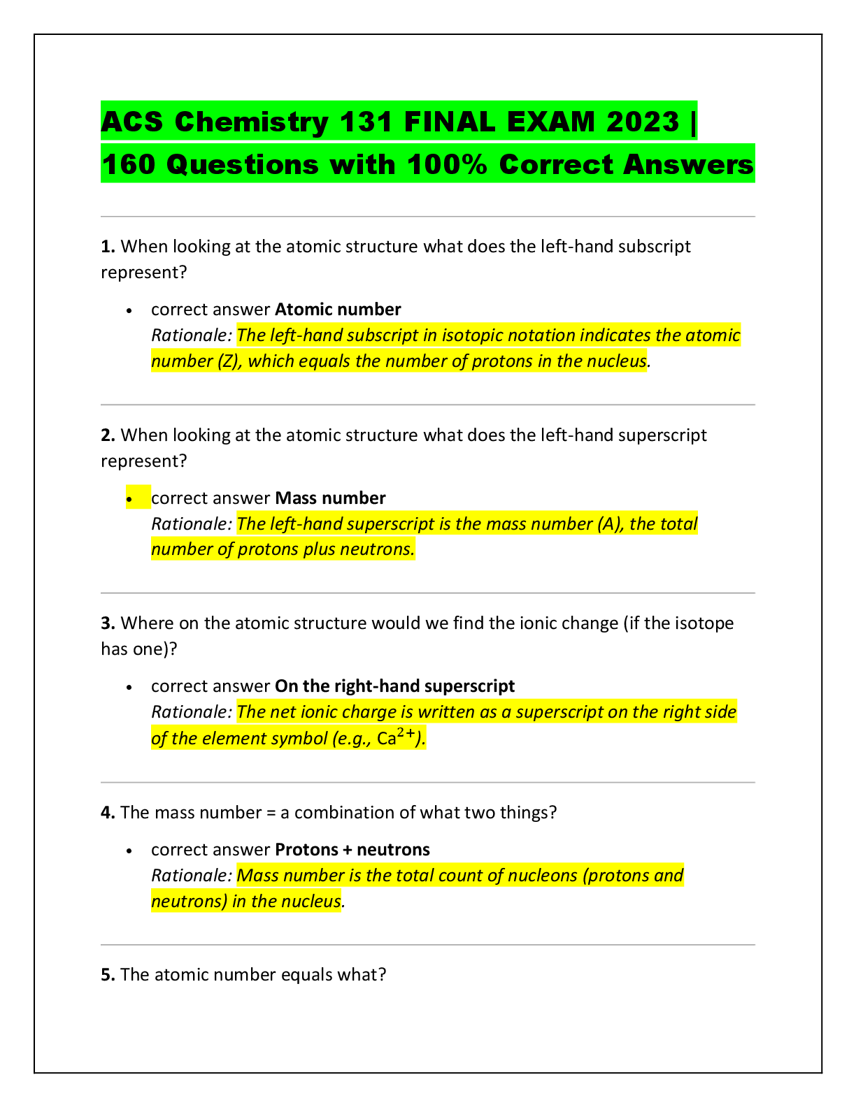 Recommended document preview for ACS Chemistry 131 FINAL EXAM 2023 |  160 Questions with 100% Correct Answers