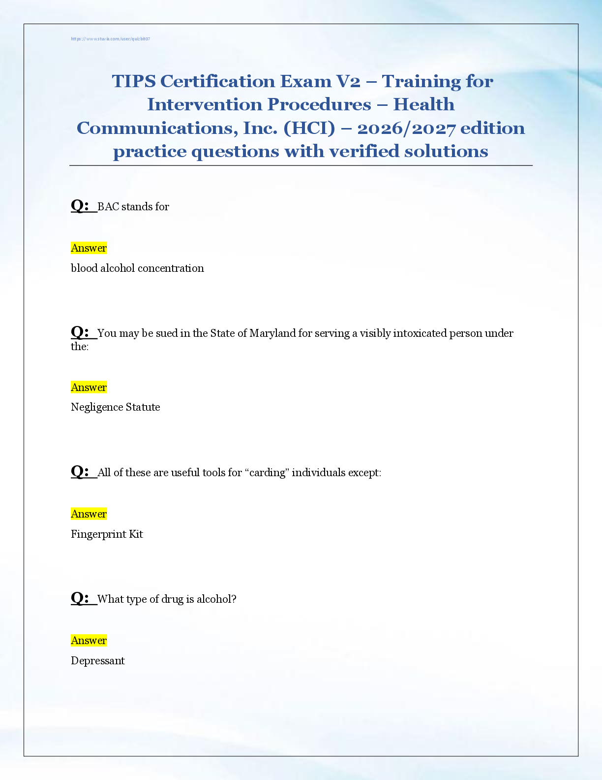 Recommended document preview for TIPS Certification Exam V2 – Training for  Intervention Procedures – Health  Communications, Inc. (HCI) – 2026/2027 edition  practice questions with verified solutions
