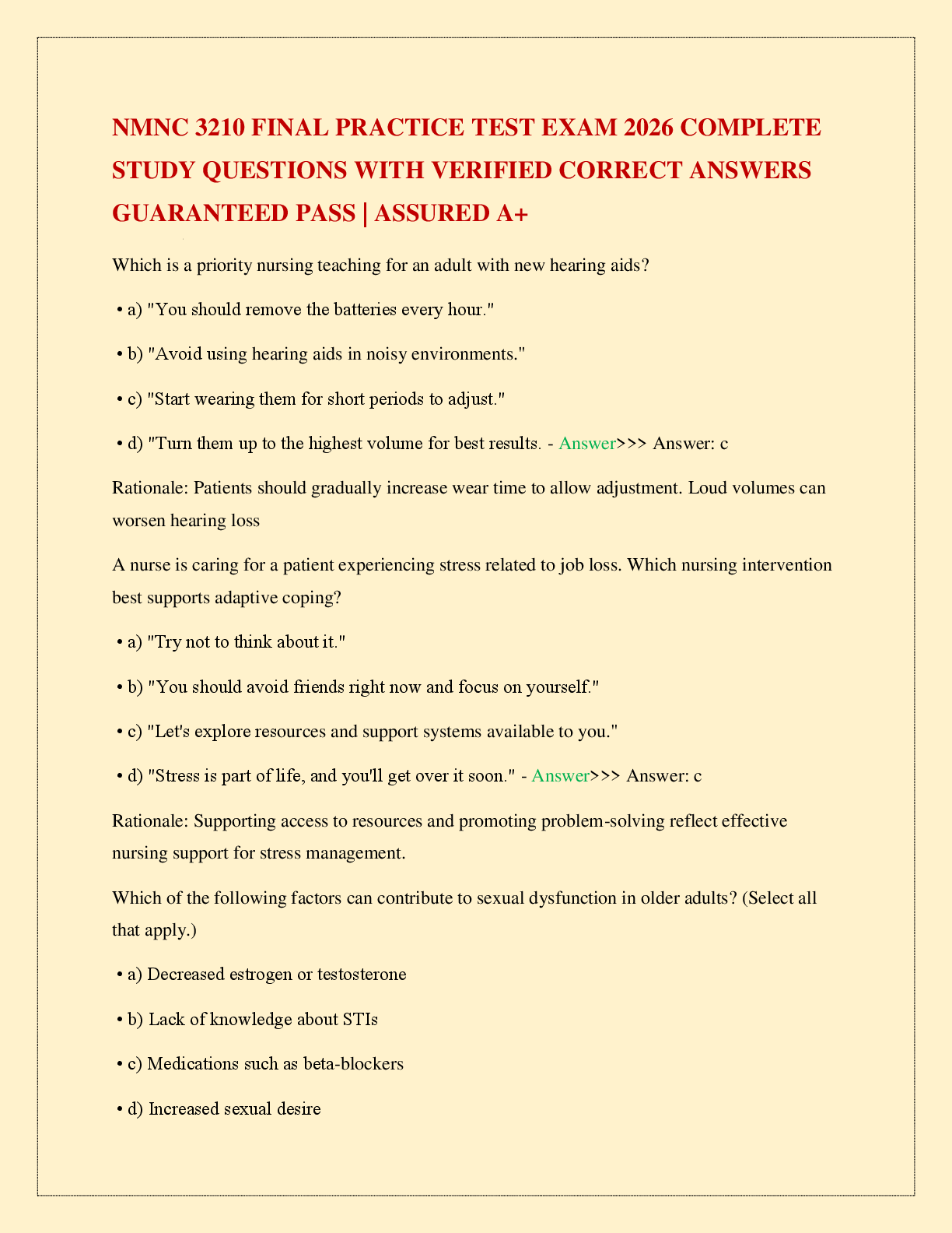 Recommended document preview for NMNC 3210 FINAL PRACTICE TEST EXAM 2026 COMPLETE STUDY QUESTIONS WITH VERIFIED CORRECT ANSWERS GUARANTEED PASS | ASSURED A+