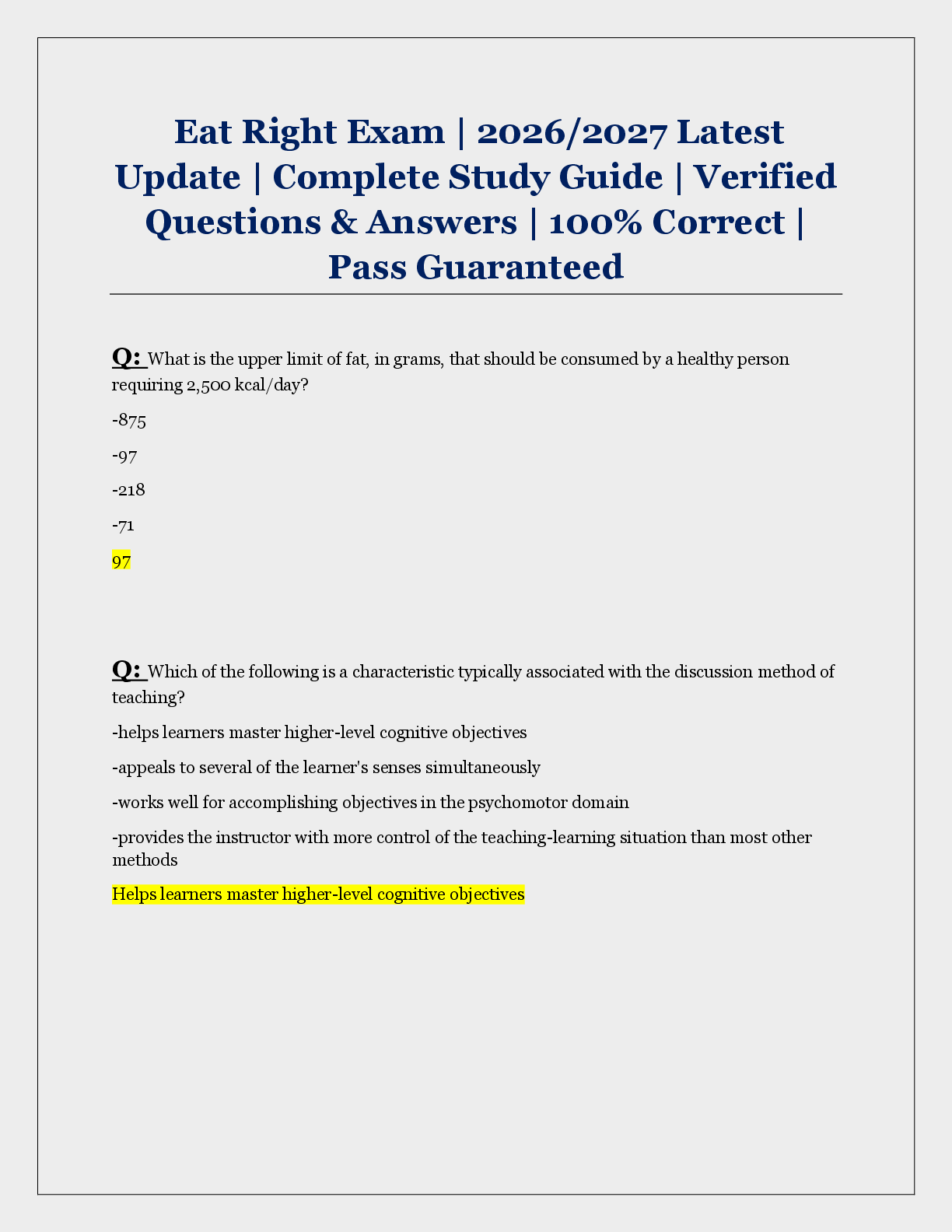 Recommended document preview for Eat Right Exam | 2026/2027 Latest  Update | Complete Study Guide | Verified  Questions & Answers | 100% Correct |  Pass Guaranteed