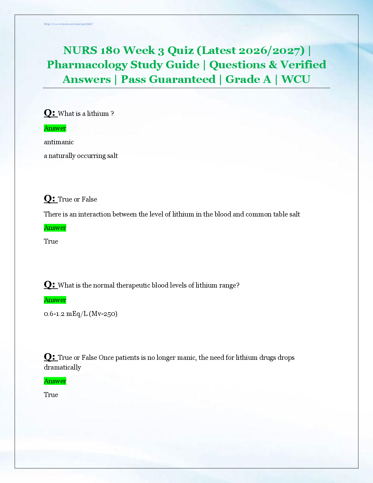 NURS 180 Week 3 Quiz (Latest 2026/2027) |  Pharmacology Study Guide | Questions & Verified  Answers | Pass Guaranteed | Grade A | WCU