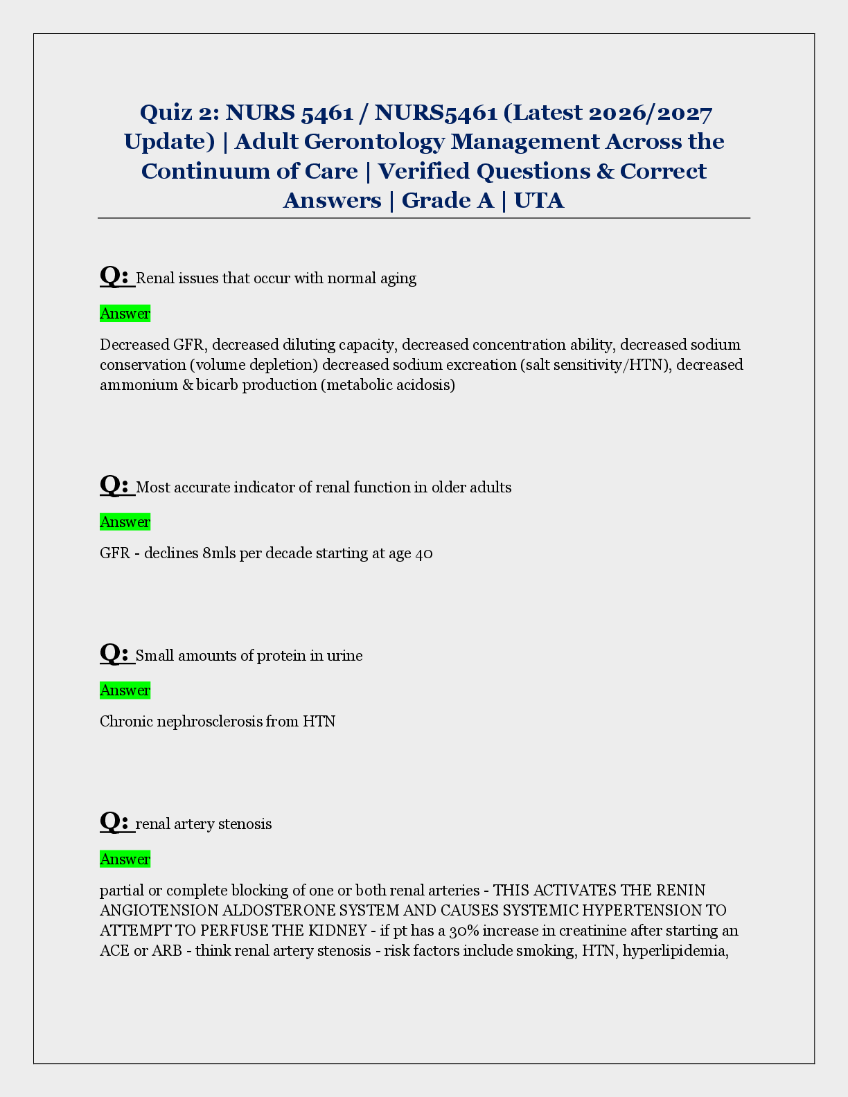 Preview image for Quiz 2: NURS 5461 / NURS5461 (Latest 2026/2027  Update) | Adult Gerontology Management Across the  Continuum of Care | Verified Questions & Correct  Answers | Grade A | UTA