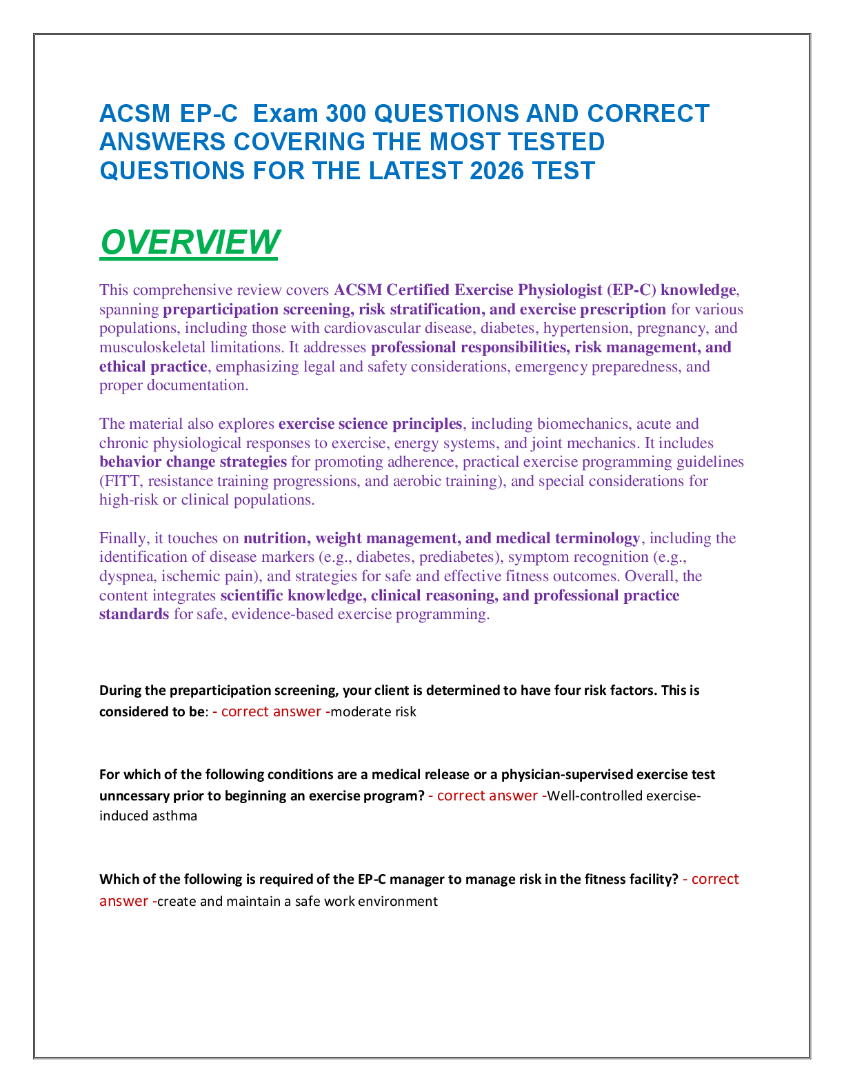 Recommended document preview for ACSM EP-C  Exam 300 QUESTIONS AND CORRECT  ANSWERS COVERING THE MOST TESTED  QUESTIONS FOR THE LATEST 2026 TEST