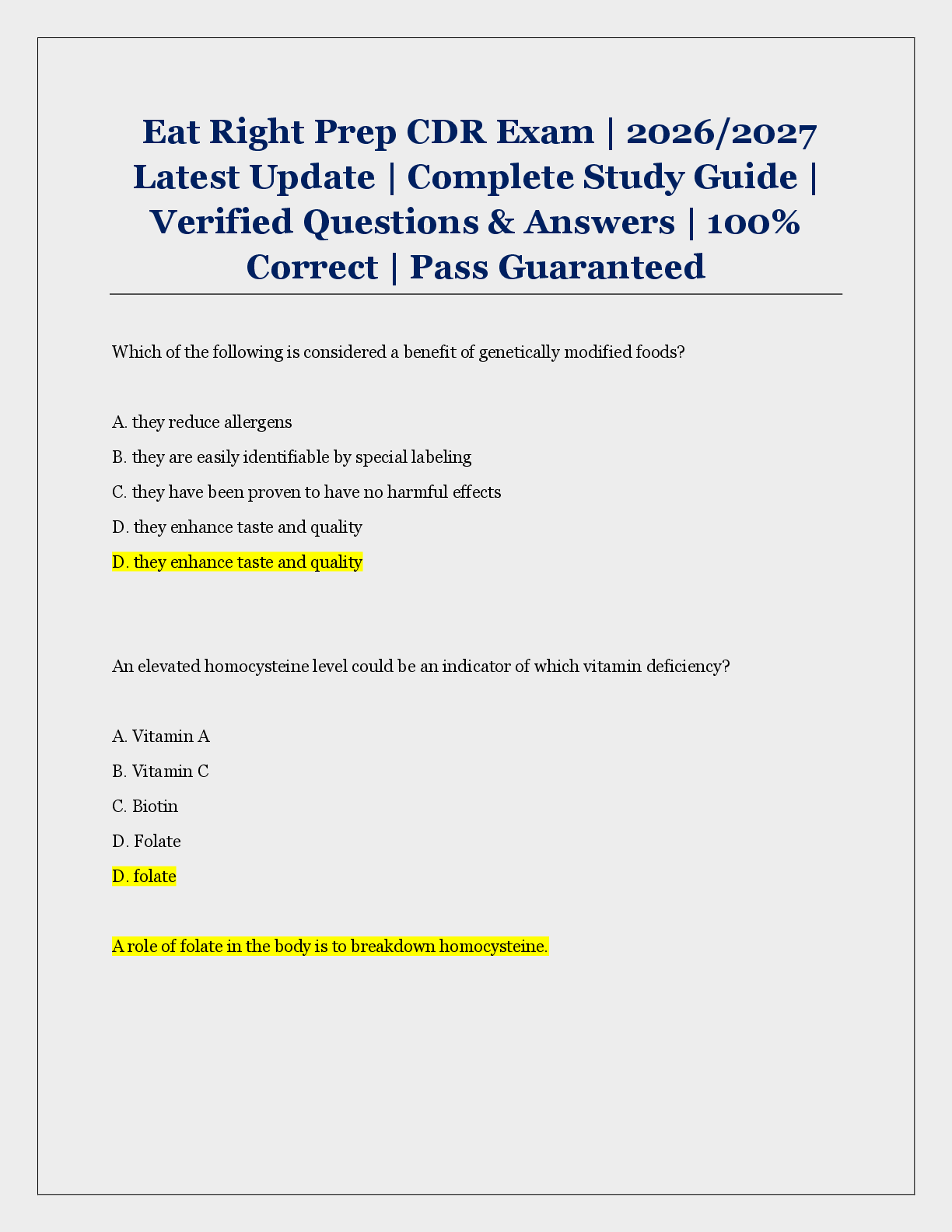 Recommended document preview for Eat Right Prep CDR Exam | 2026/2027  Latest Update | Complete Study Guide |  Verified Questions & Answers | 100%  Correct | Pass Guaranteed