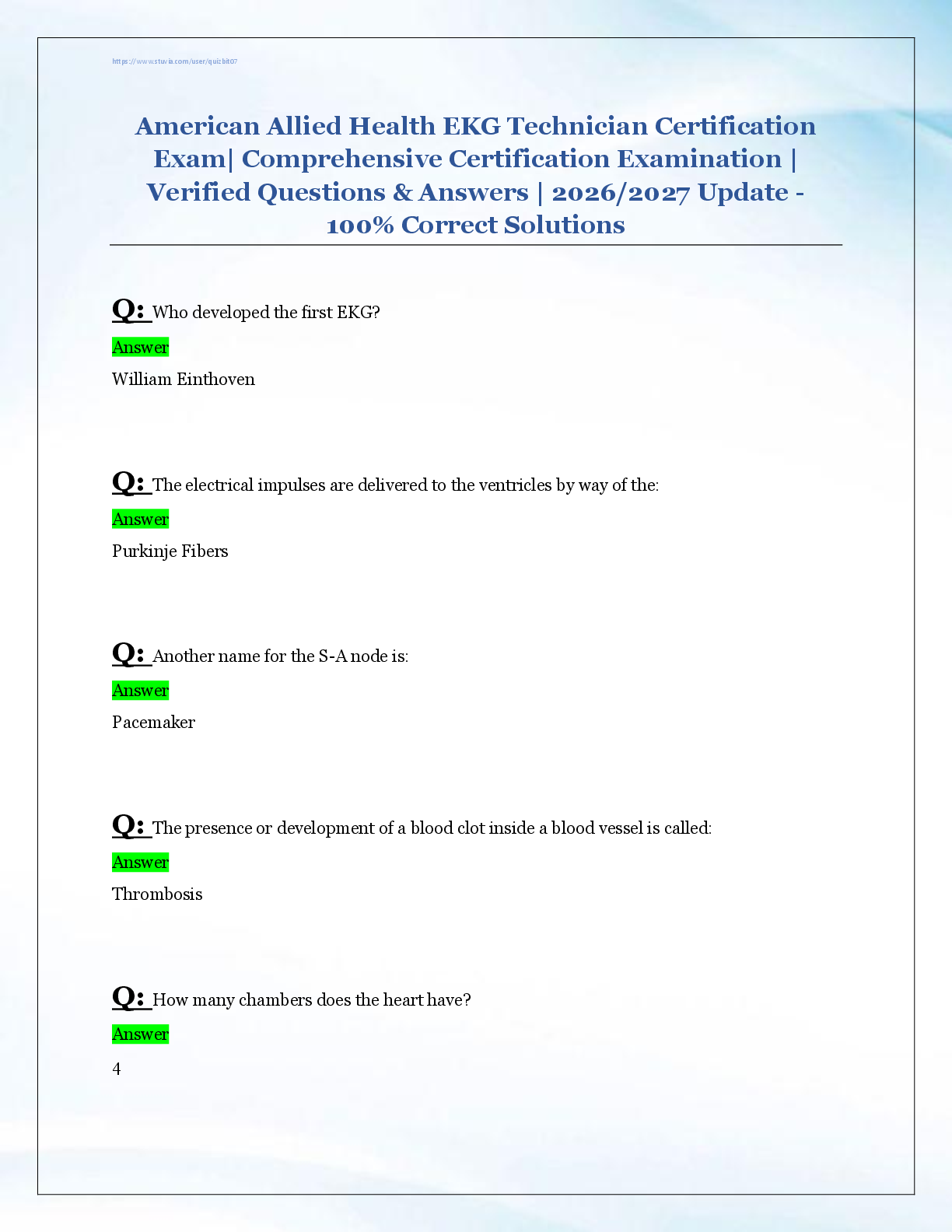 American Allied Health EKG Technician Certification  Exam| Comprehensive Certification Examination |  Verified Questions & Answers | 2026/2027 Update -  100% Correct Solutions