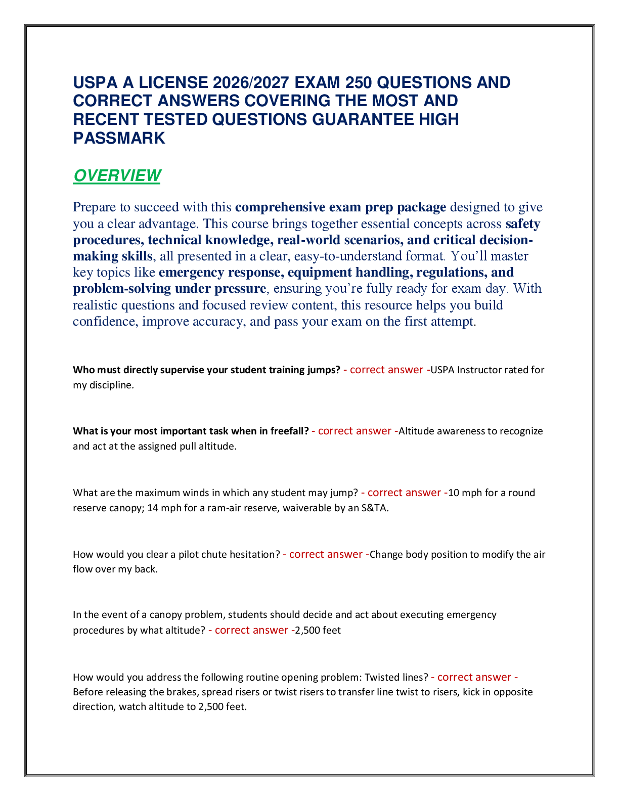 Recommended document preview for USPA A LICENSE 2026/2027 EXAM 250 QUESTIONS AND  CORRECT ANSWERS COVERING THE MOST AND  RECENT TESTED QUESTIONS GUARANTEE HIGH  PASSMARK