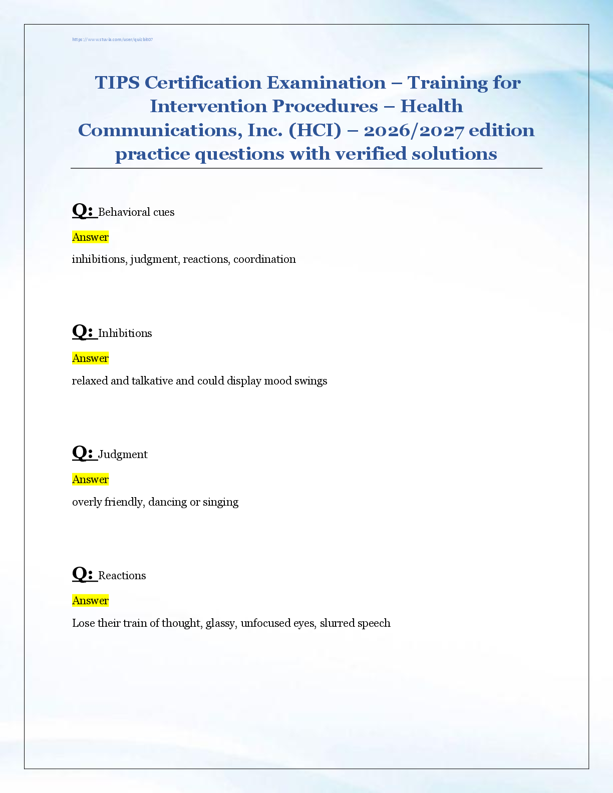 Recommended document preview for TIPS Certification Examination – Training for  Intervention Procedures – Health  Communications, Inc. (HCI) – 2026/2027 edition  practice questions with verified solutions