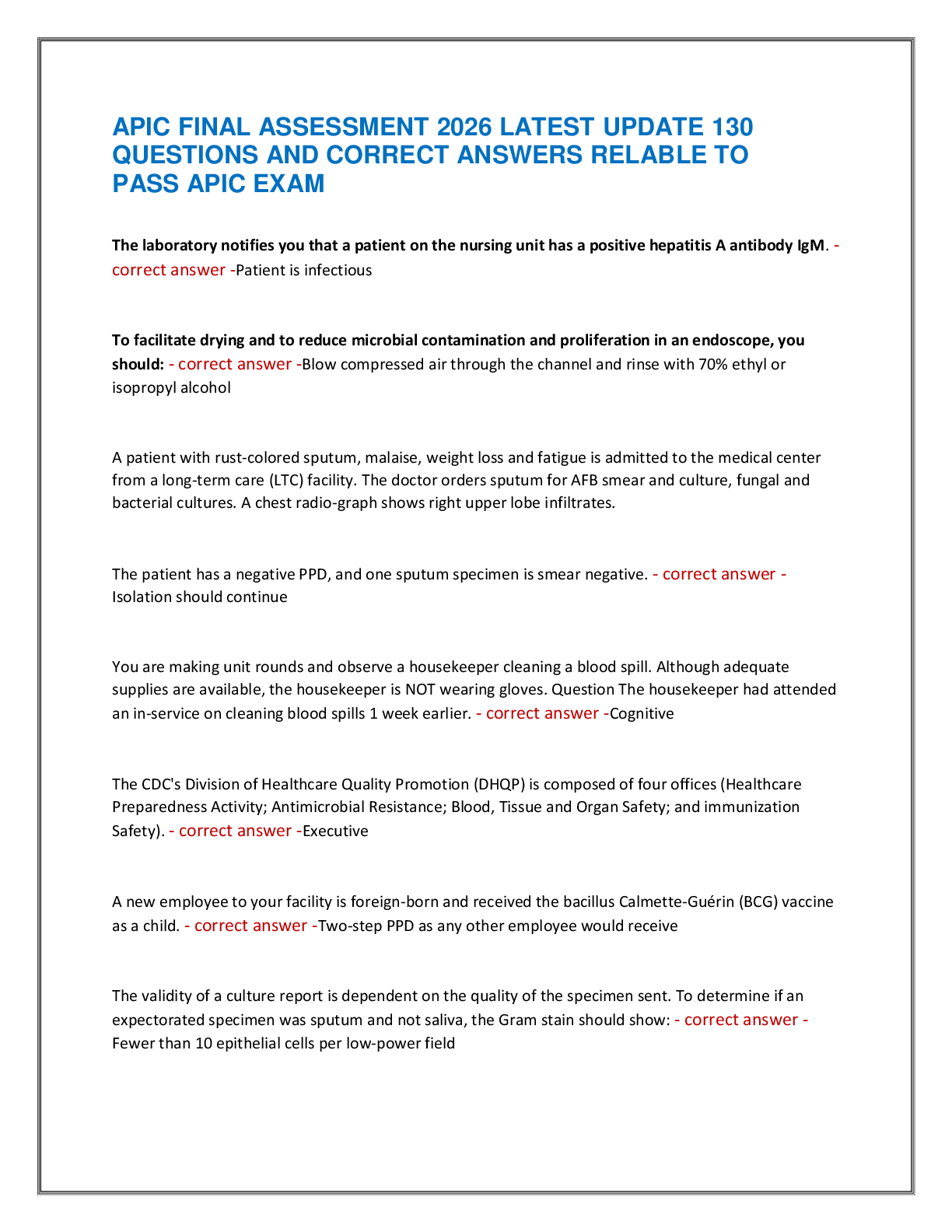 Recommended document preview for APIC FINAL ASSESSMENT 2026 LATEST UPDATE 130  QUESTIONS AND CORRECT ANSWERS RELABLE TO  PASS APIC EXAM