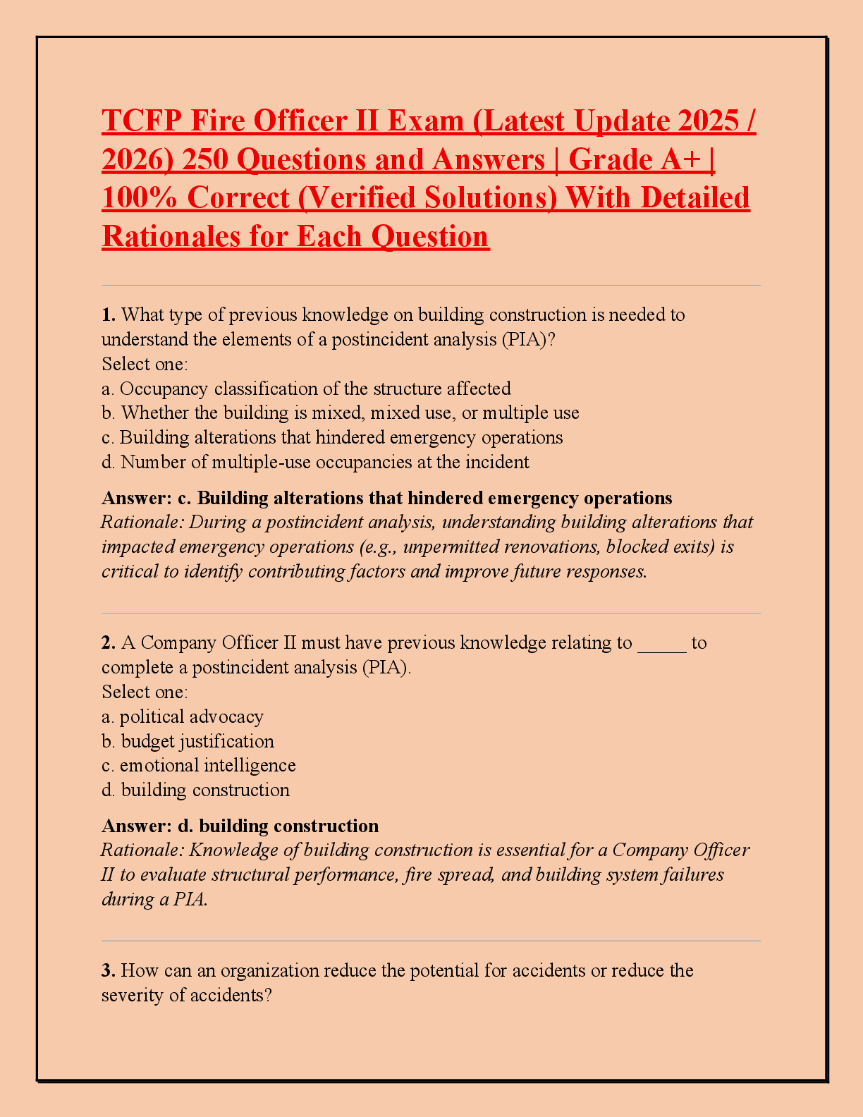 Recommended document preview for TCFP Fire Officer II Exam (Latest Update 2025 /  2026) 250 Questions and Answers | Grade A+ |  100% Correct (Verified Solutions) With Detailed  Rationales for Each Question