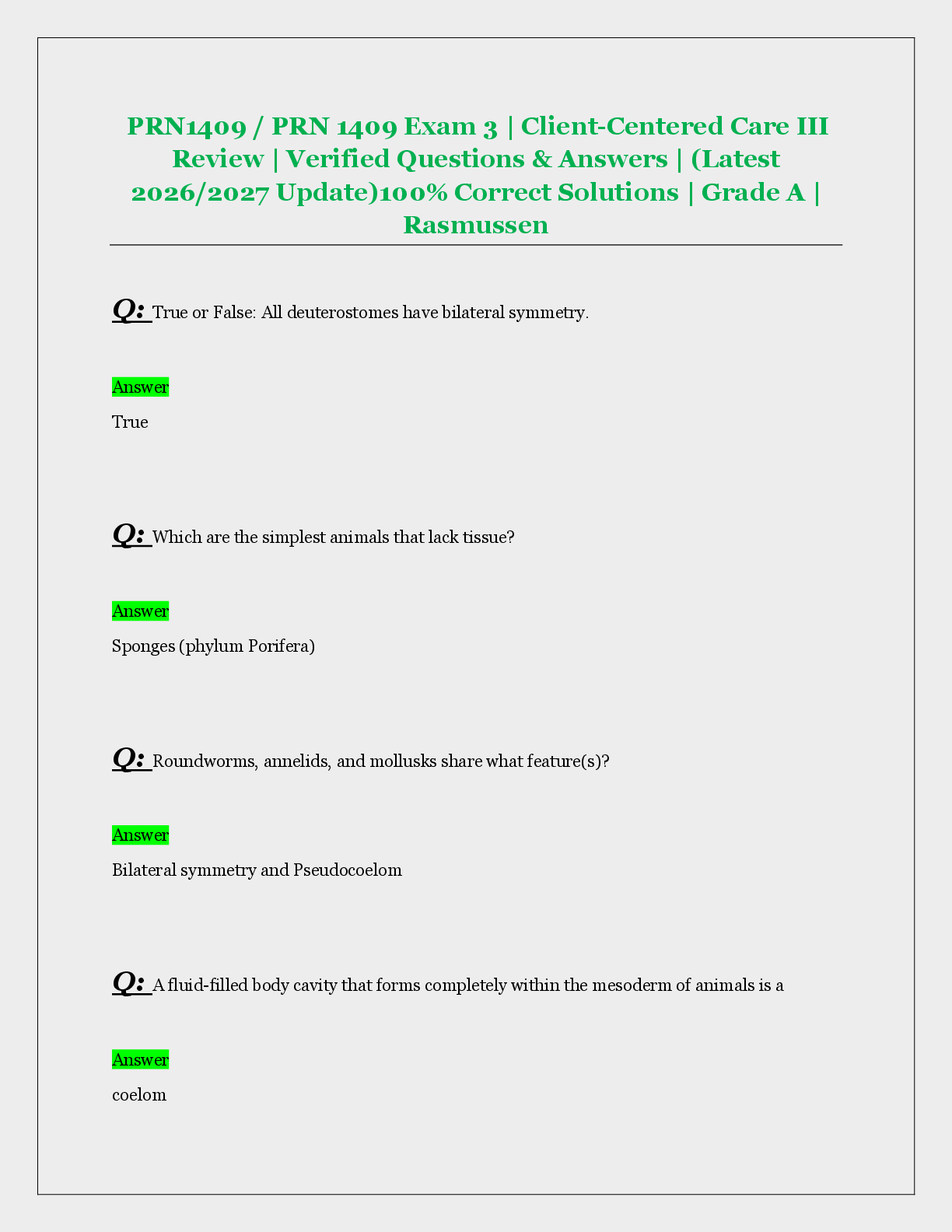 Preview of PRN1409 / PRN 1409 Exam 3 | Client-Centered Care III  Review | Verified Questions & Answers | (Latest  2026/2027 Update)100% Correct Solutions | Grade A |  Rasmussen