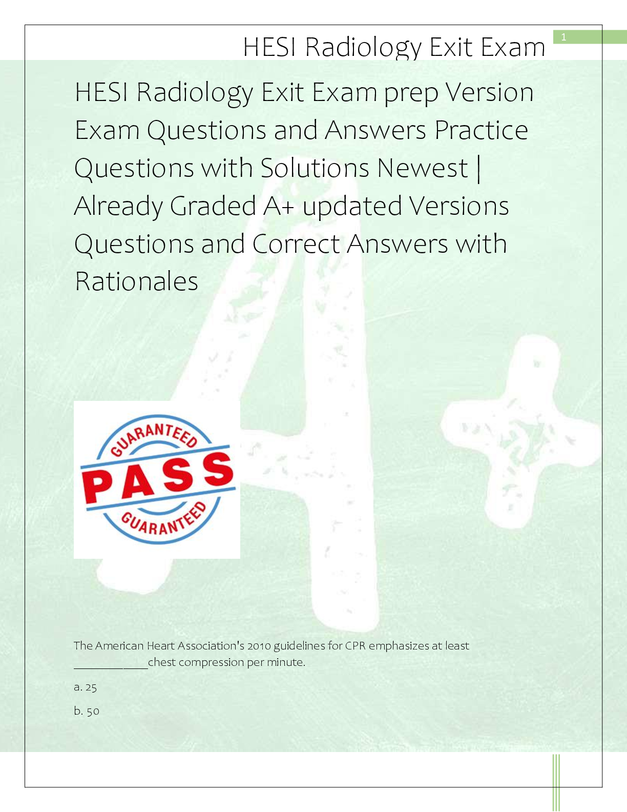 Recommended document preview for HESI Radiology Exit Exam prep Version  Exam Questions and Answers Practice  Questions with Solutions Newest |  Already Graded A+ updated Versions  Questions and Correct Answers with  Rationales