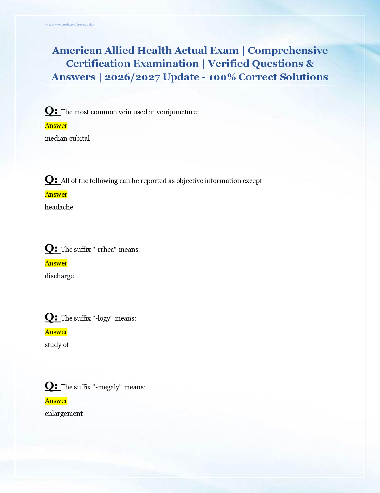 American Allied Health Actual Exam | Comprehensive  Certification Examination | Verified Questions &  Answers | 2026/2027 Update - 100% Correct Solutions