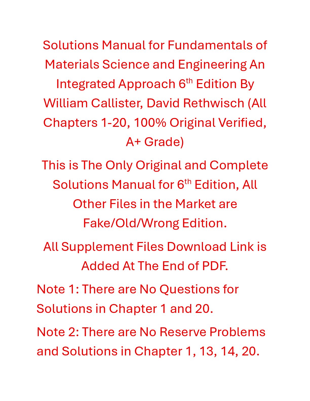 Recommended document preview for Solutions Manual Fundamentals of Materials Science and Engineering An Integrated Approach 6th Edition By William Callister, David Rethwisch
