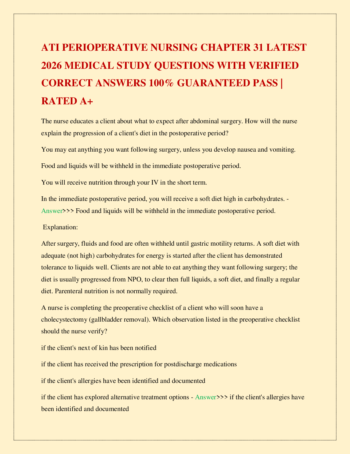 Recommended document preview for ATI PERIOPERATIVE NURSING CHAPTER 31 LATEST 2026 MEDICAL STUDY QUESTIONS WITH VERIFIED CORRECT ANSWERS 100% GUARANTEED PASS | RATED A+